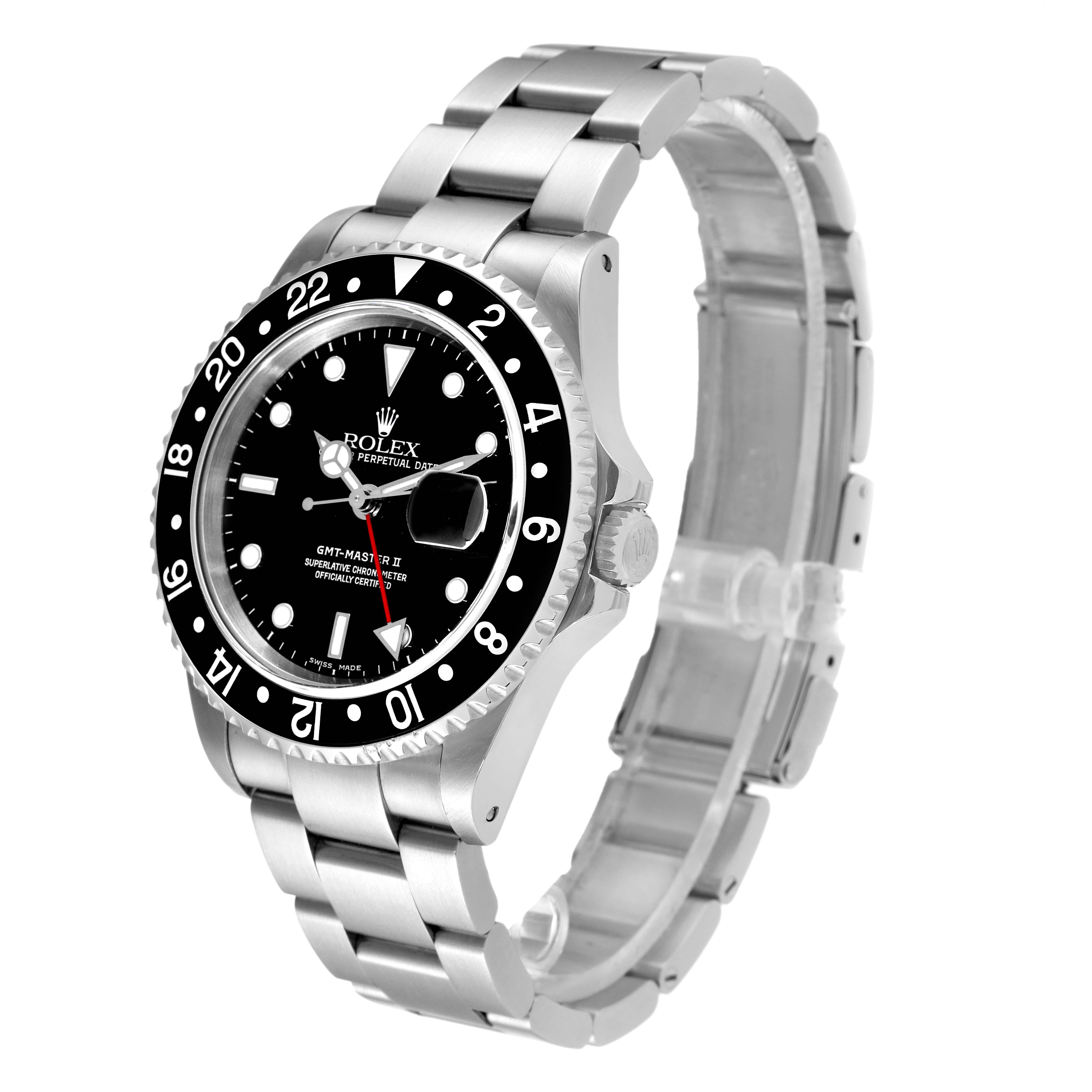 The image shows a right-side angle of a Rolex GMT-Master 16710 Men's Stainless Steel Black Dial 16710 Men's Stainless Steel Black Dial watch, displaying the face, bezel, crown, and bracelet.