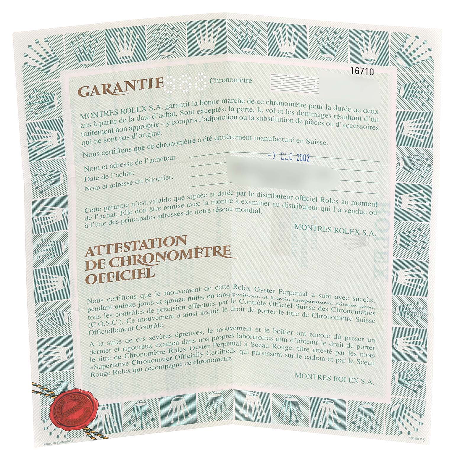 The image shows the guarantee and official chronometer certification for a Rolex GMT-Master 16710 Men's Stainless Steel Black Dial 16710 Men's Stainless Steel Black Dial watch, model 16710.