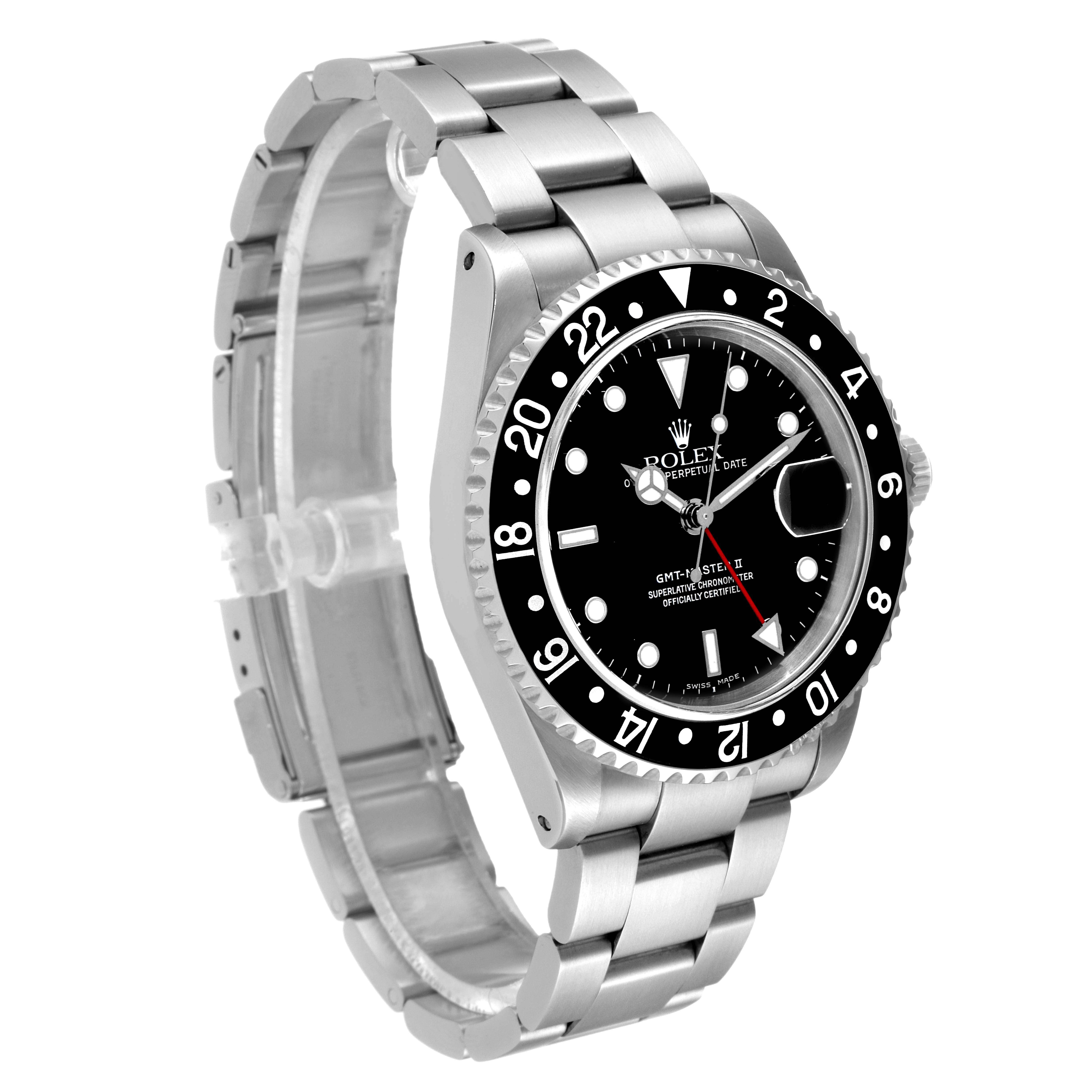 The image shows a side-angle view of the Rolex GMT-Master 16710 Men's Stainless Steel Black Dial 16710 Men's Stainless Steel Black Dial watch, highlighting its case, bezel, bracelet, and dial.