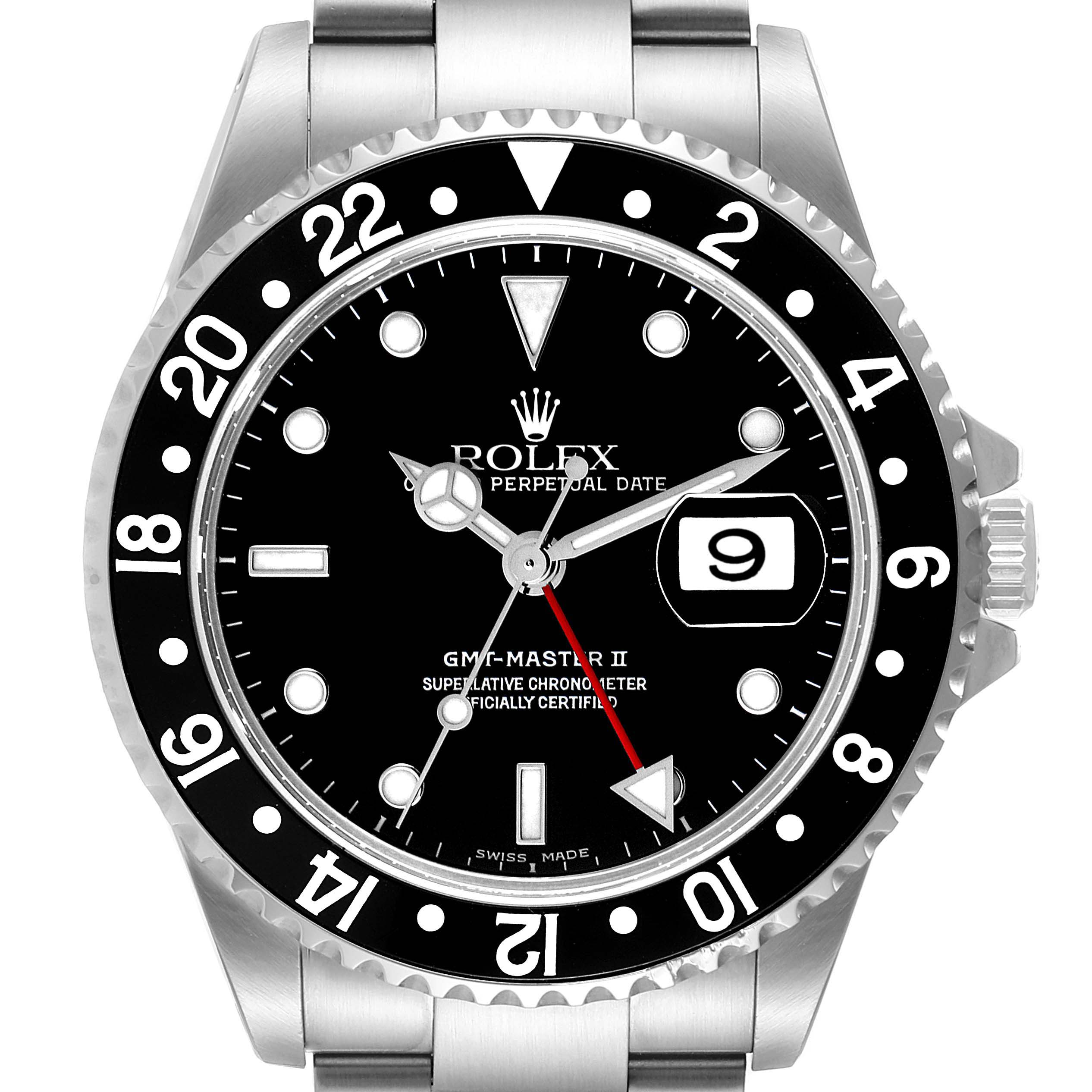 The image shows a frontal close-up of the Rolex GMT-Master 16710 Men's Stainless Steel Black Dial 16710 Men's Stainless Steel Black Dial II watch, including the face, bezel, and part of the bracelet.