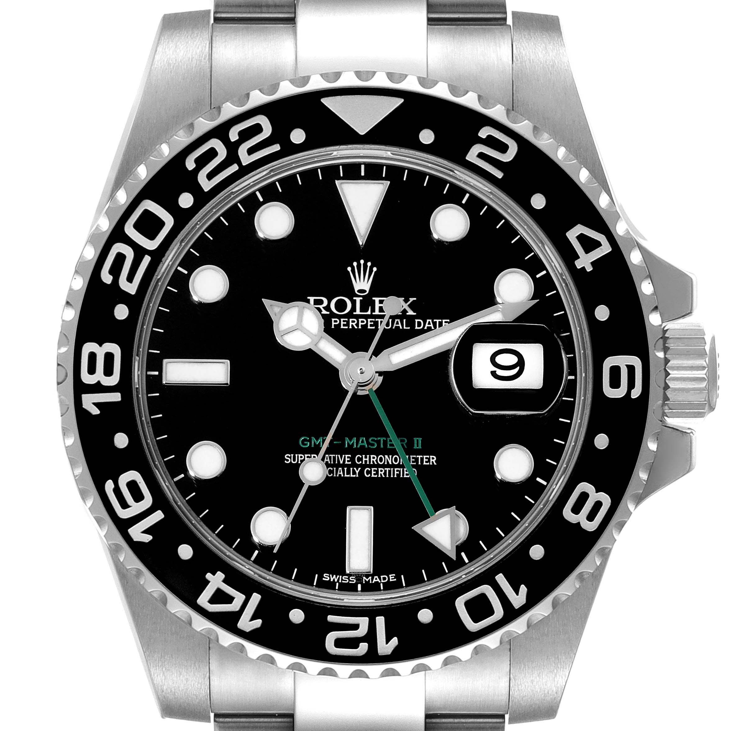 This is a close-up front view of the Rolex GMT-Master 116710 Men
s Stainless Steel Black Dial 116710 Men
s Stainless Steel Black Dial II watch, showcasing the dial, numbers, hands, and date display.