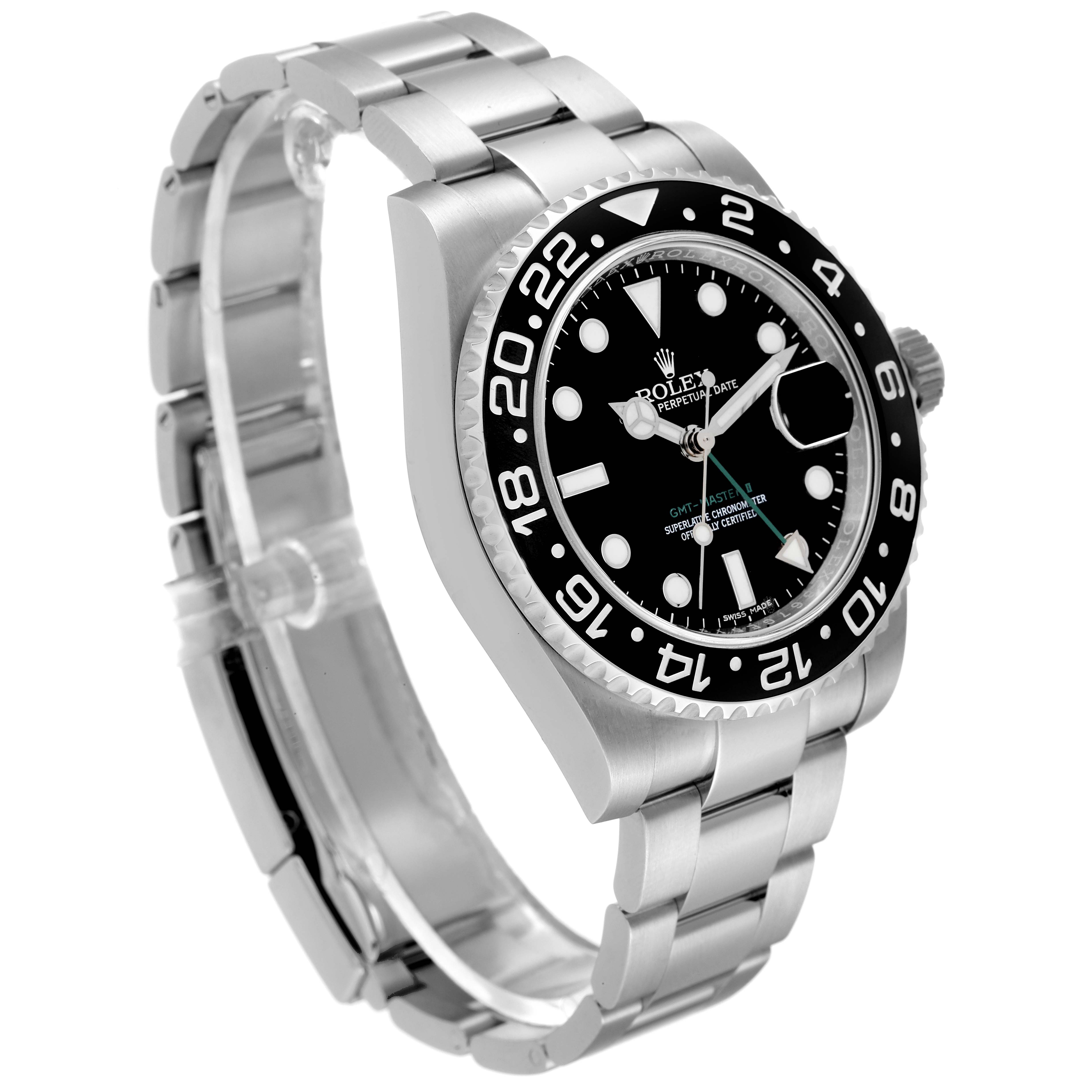 The Rolex GMT-Master 116710 Men
s Stainless Steel Black Dial 116710 Men
s Stainless Steel Black Dial model is shown from a front-left angle, highlighting the dial, bezel, and stainless steel bracelet.