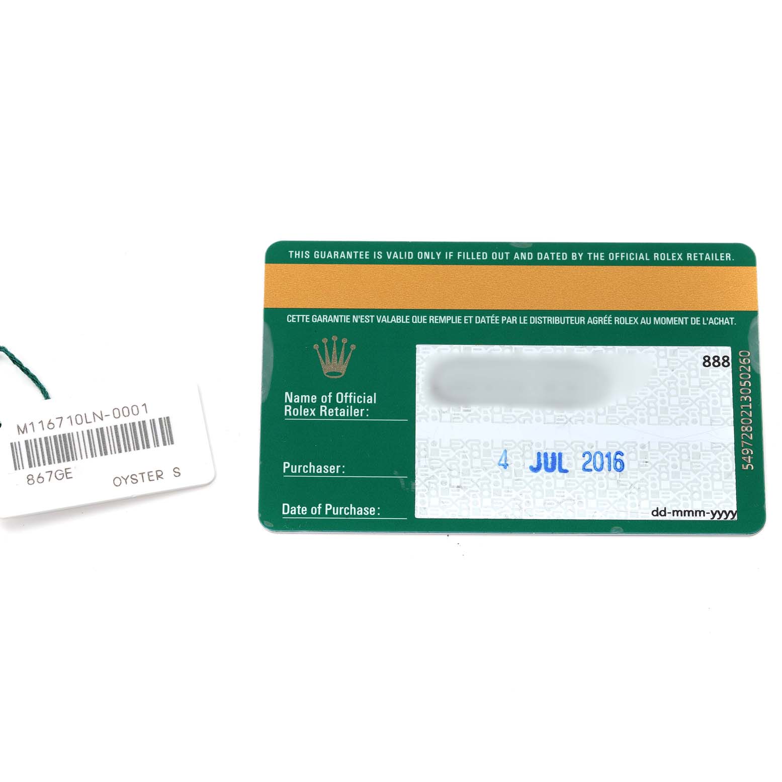 The image shows an official Rolex warranty card and tag for a Rolex GMT-Master 116710 Men
s Stainless Steel Black Dial 116710 Men
s Stainless Steel Black Dial model.