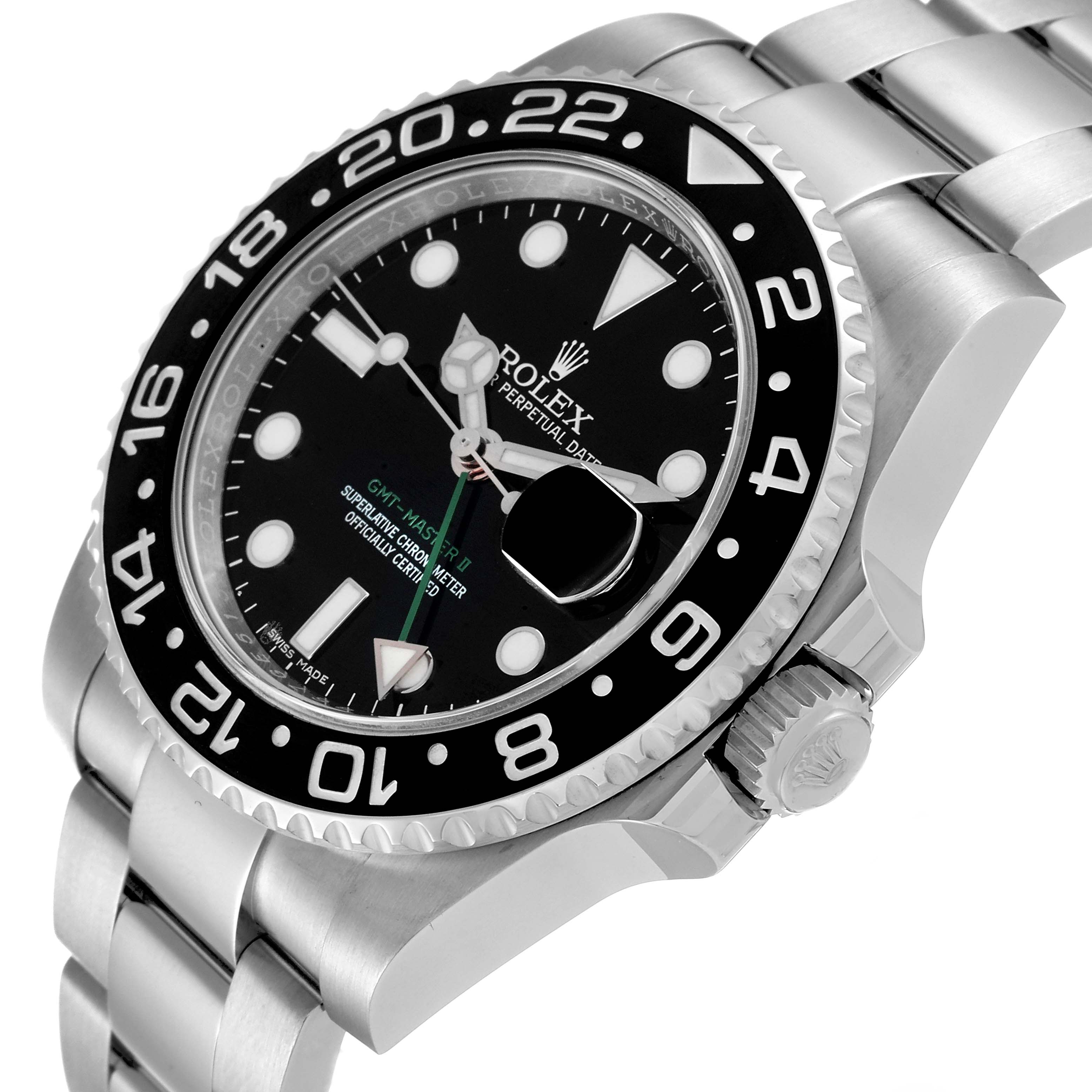 This image shows a Rolex GMT-Master 116710 Men
s Stainless Steel Black Dial 116710 Men
s Stainless Steel Black Dial watch from a slight side angle, highlighting the bezel, dial, crown, and stainless steel bracelet.
