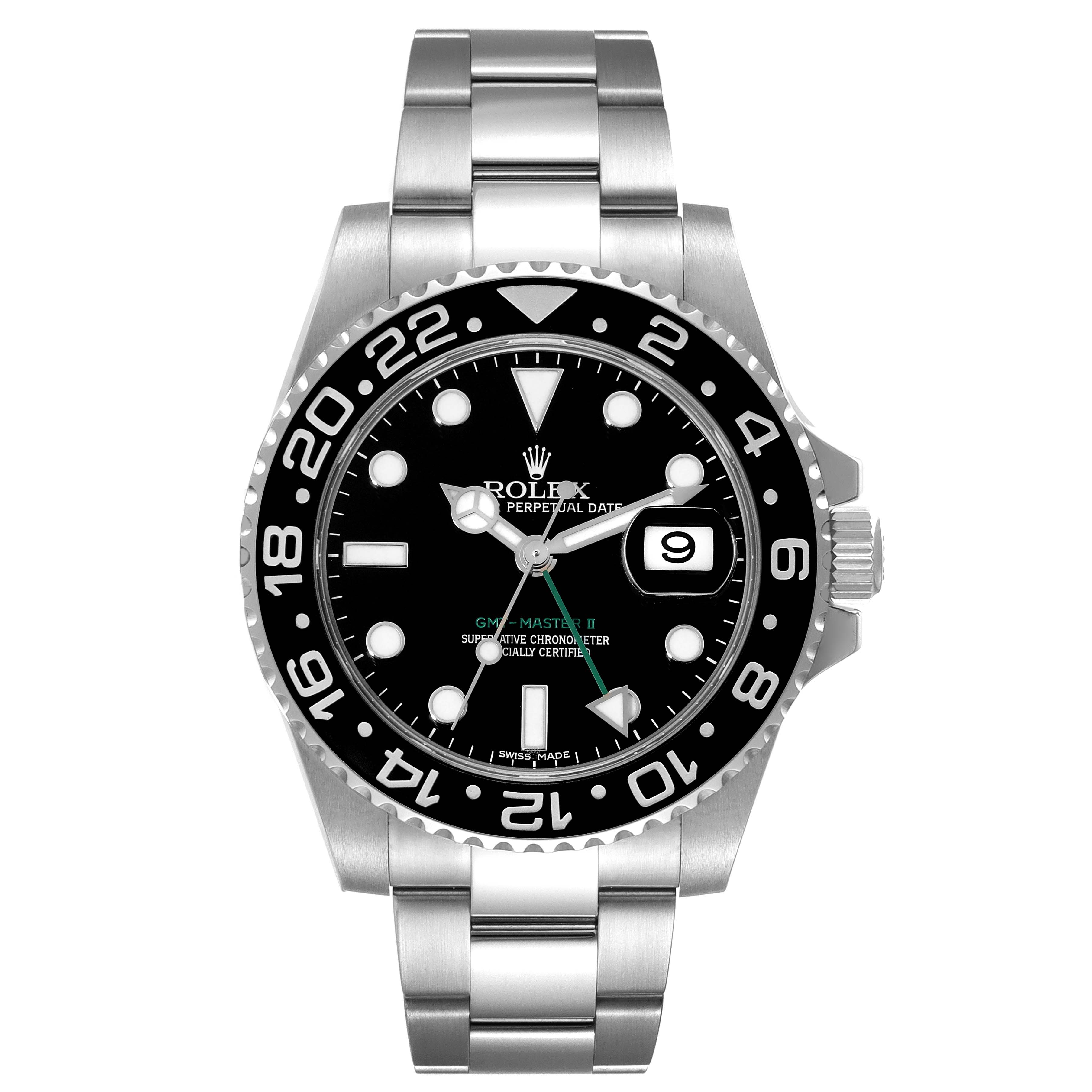 This image shows a front view of the Rolex GMT-Master 116710 Men
s Stainless Steel Black Dial 116710 Men
s Stainless Steel Black Dial watch with its dial, bezel, and metal bracelet clearly visible.