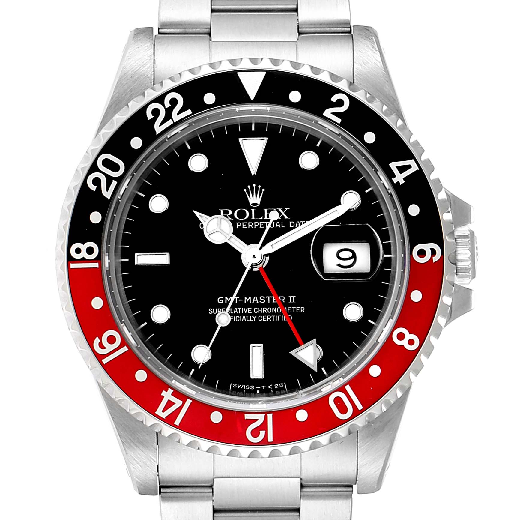 The image shows a front view of a Rolex GMT-Master 16710 Men
s Stainless Steel Black Dial 16710 Men
s Stainless Steel Black Dial II watch, displaying the dial, bezel, hands, and part of the metal bracelet.