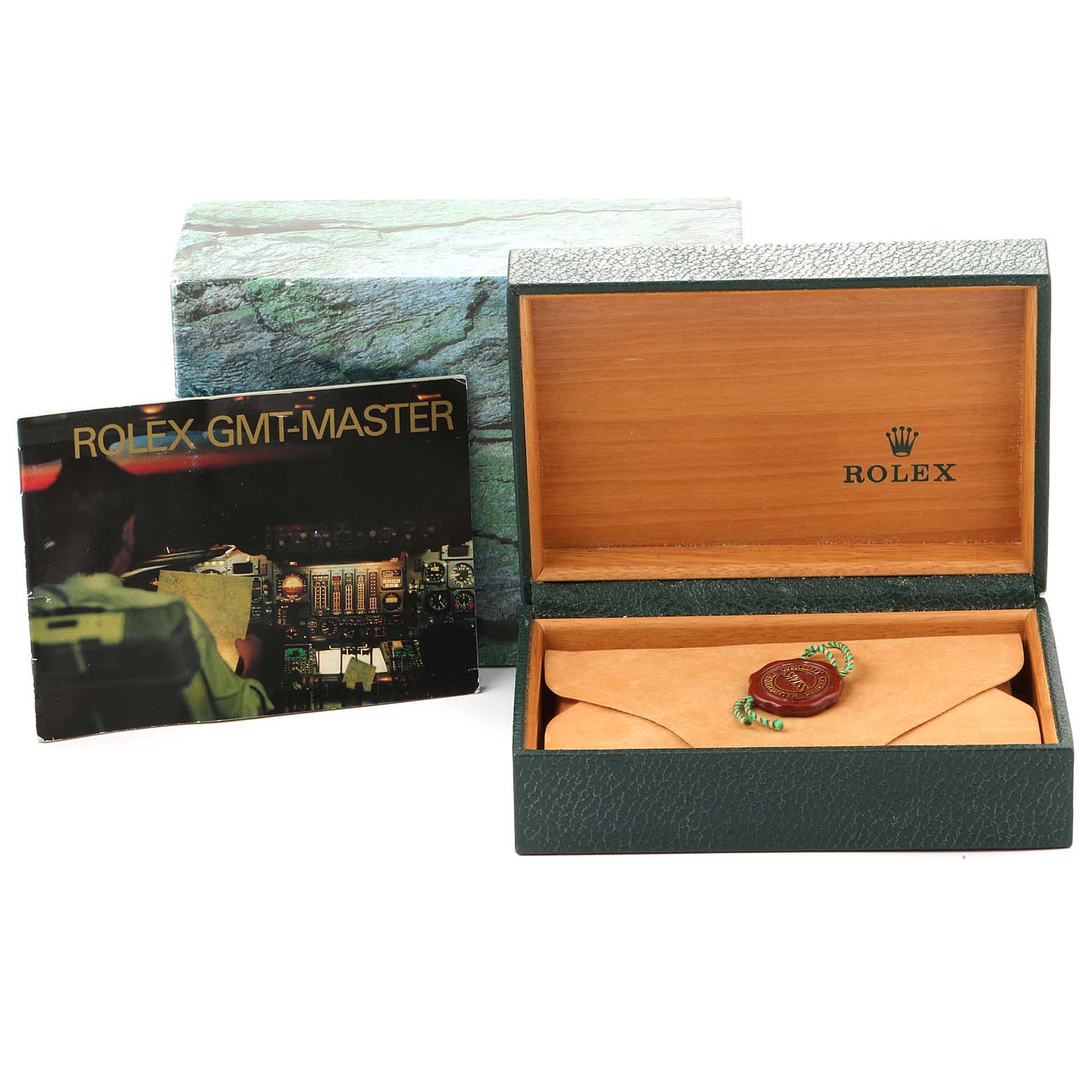 The image shows a Rolex GMT-Master 16710 Men
s Stainless Steel Black Dial 16710 Men
s Stainless Steel Black Dial box, an envelope, and a booklet, all viewed from a front angle.