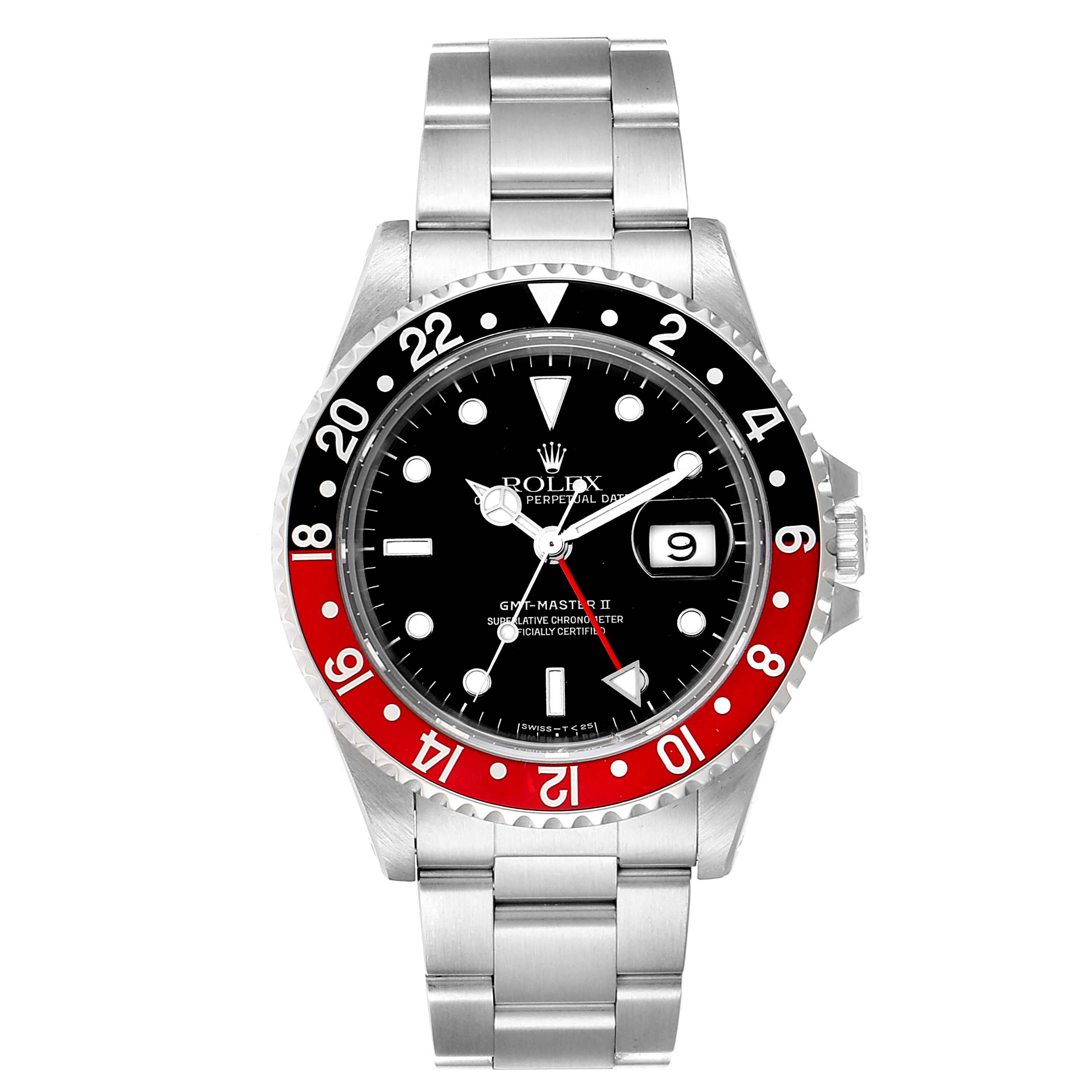 This Rolex GMT-Master 16710 Men
s Stainless Steel Black Dial 16710 Men
s Stainless Steel Black Dial watch is shown from a front angle, displaying its bezel, dial, and stainless steel bracelet.