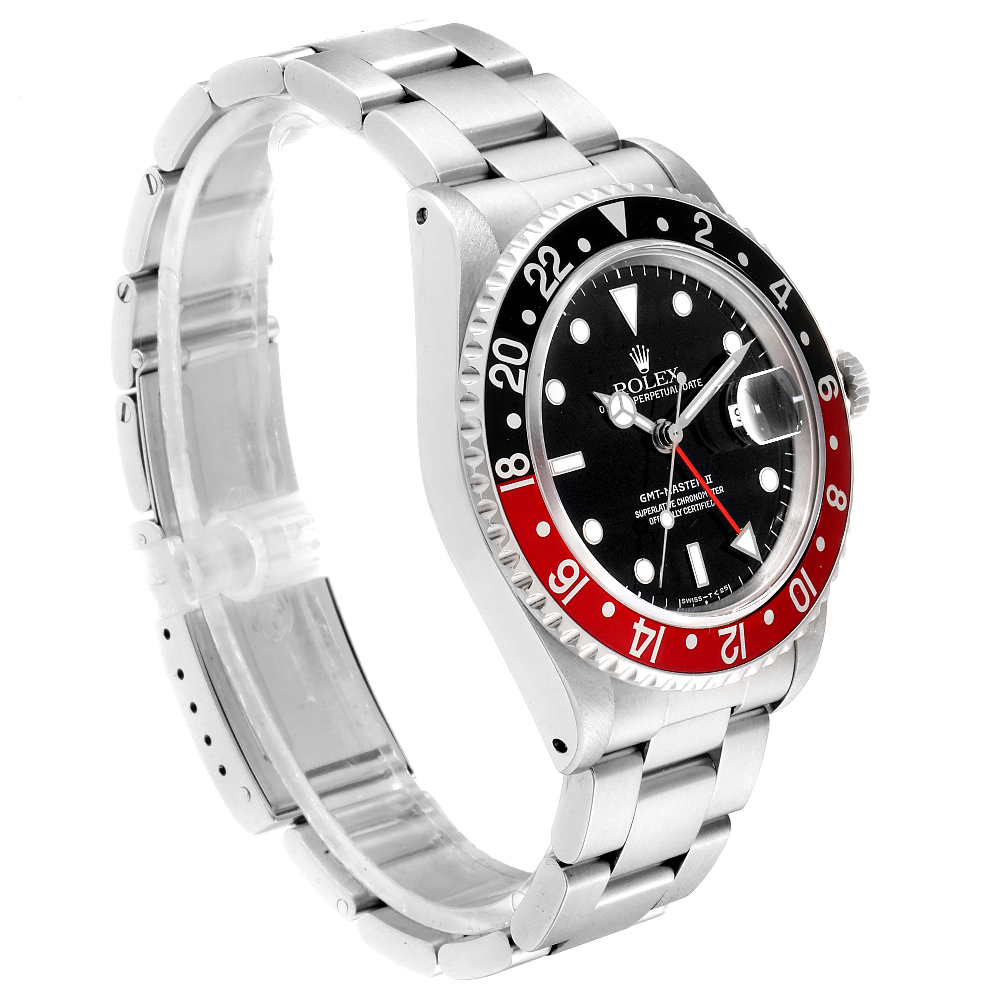 The Rolex GMT-Master 16710 Men
s Stainless Steel Black Dial 16710 Men
s Stainless Steel Black Dial watch is shown at a three-quarter angle, highlighting the bezel, dial, and bracelet.