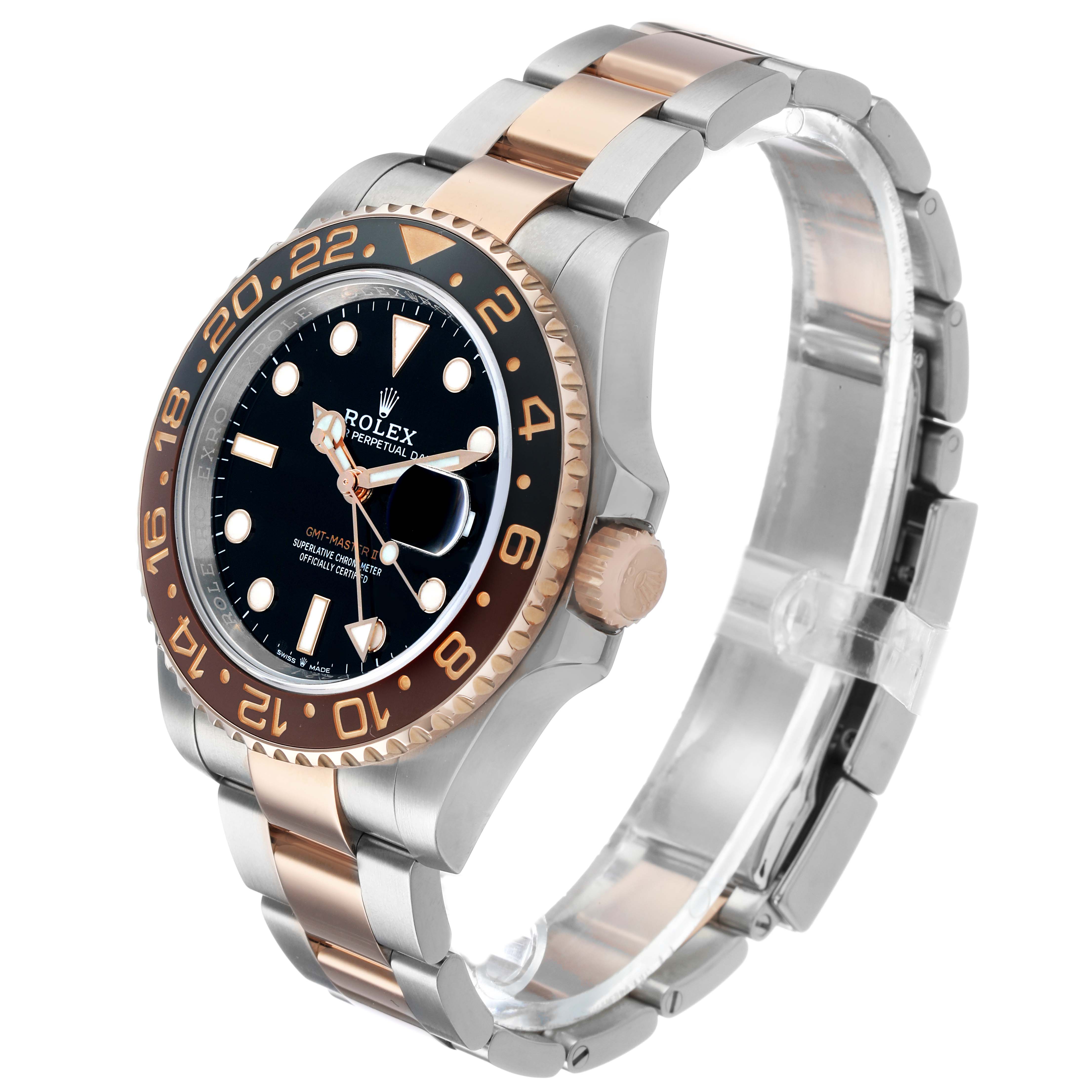 The Rolex GMT-Master M126711CHNR - 0002 Men's Steel and Gold (two tone) Black Dial is shown from a three-quarter angle, displaying the bezel, crown, and two-tone bracelet.