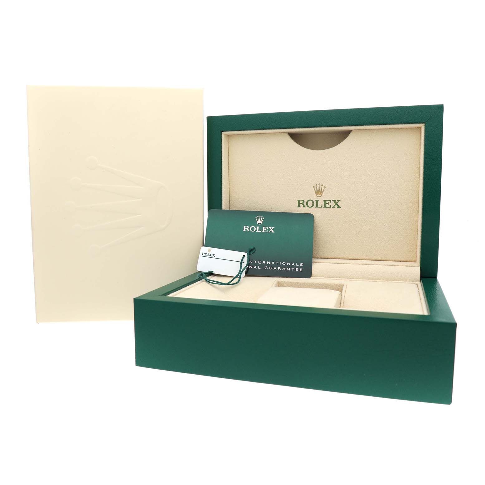 The image shows the packaging and accessories for a Rolex GMT-Master M126711CHNR - 0002 Men's Steel and Gold (two tone) Black Dial, including a green box, warranty card, and booklet.