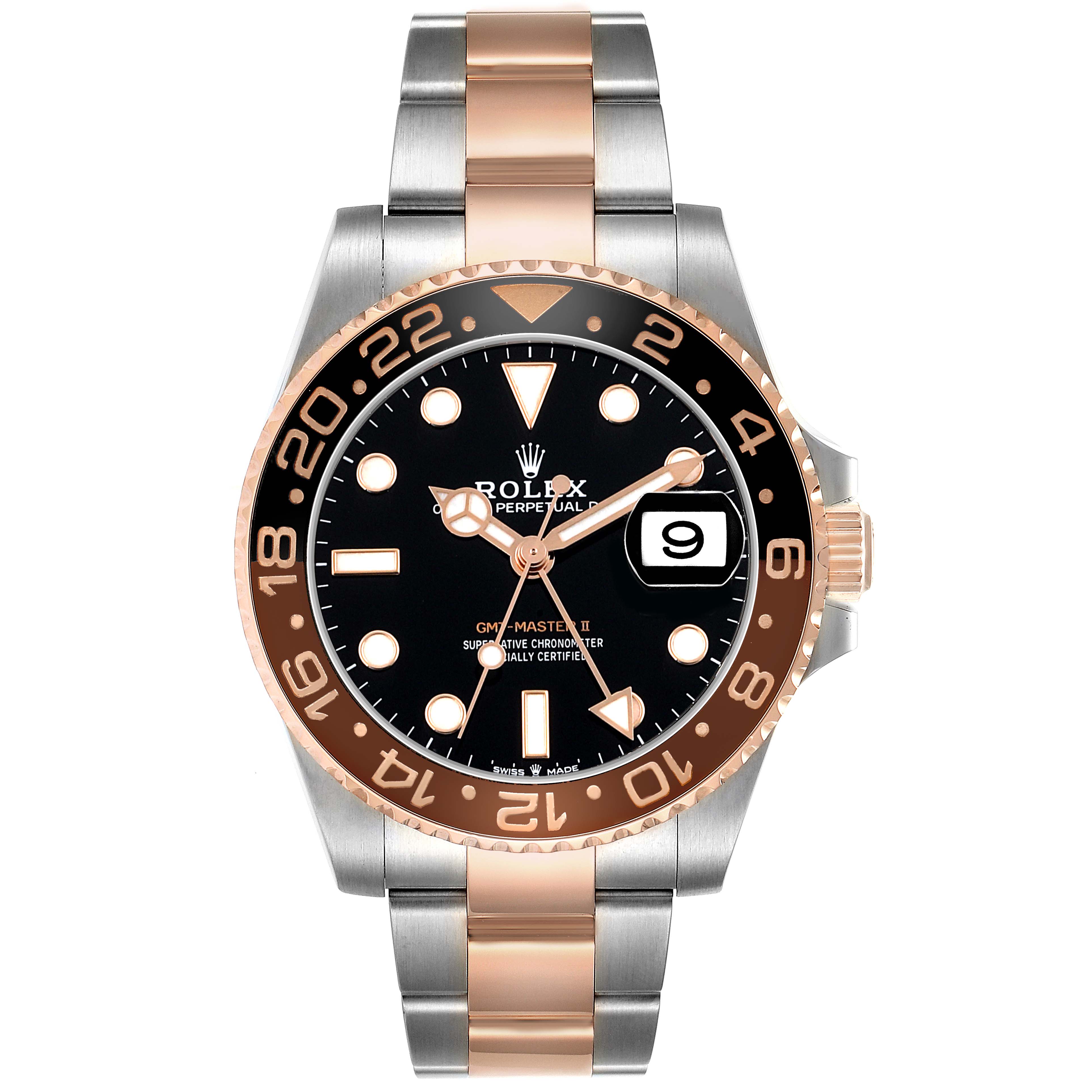 The Rolex GMT-Master M126711CHNR - 0002 Men's Steel and Gold (two tone) Black Dial watch is shown from the front, highlighting its two-tone bracelet, black dial, and date feature.