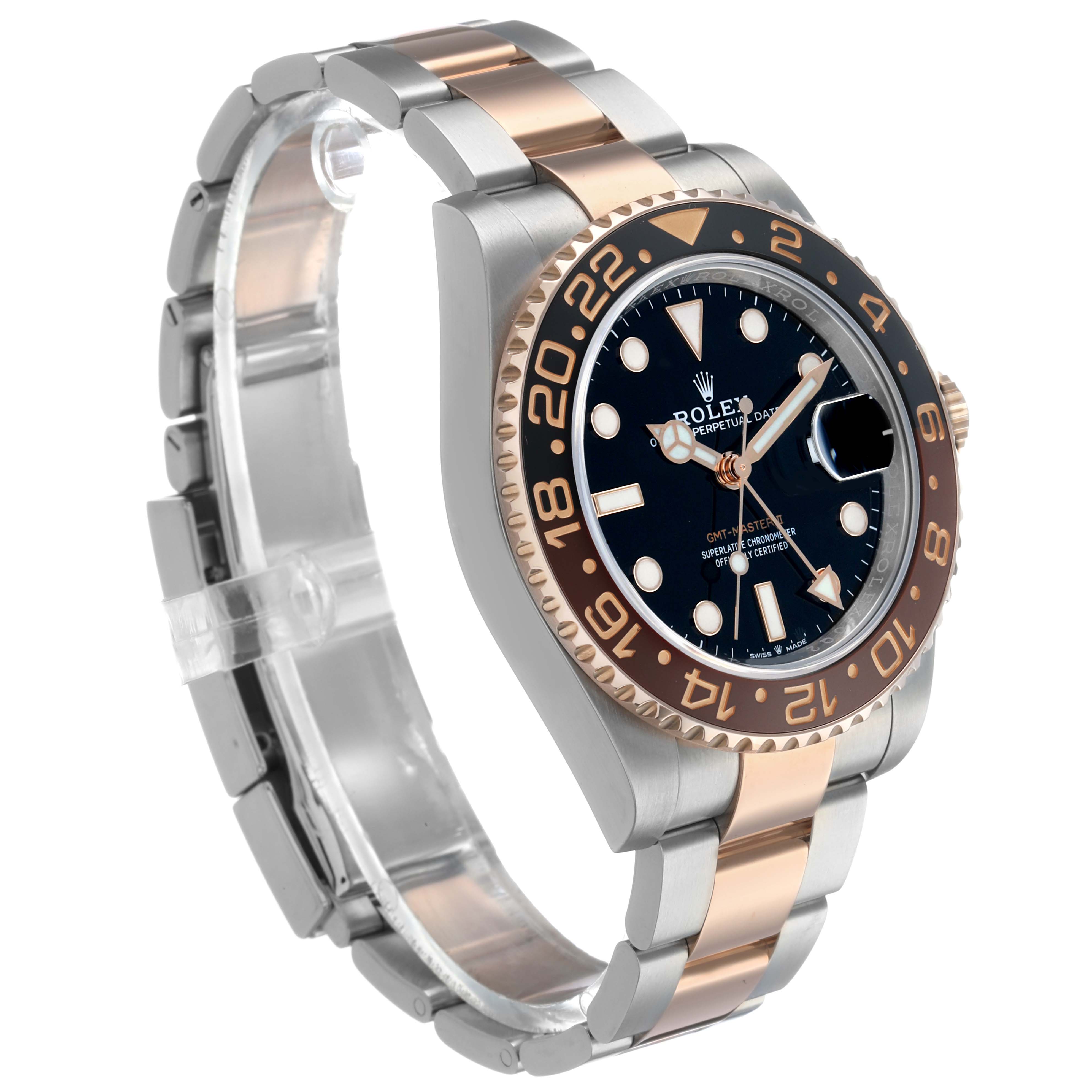 The Rolex GMT-Master M126711CHNR - 0002 Men's Steel and Gold (two tone) Black Dial watch is shown at a three-quarter angle, displaying the face, bezel, and part of the bracelet.