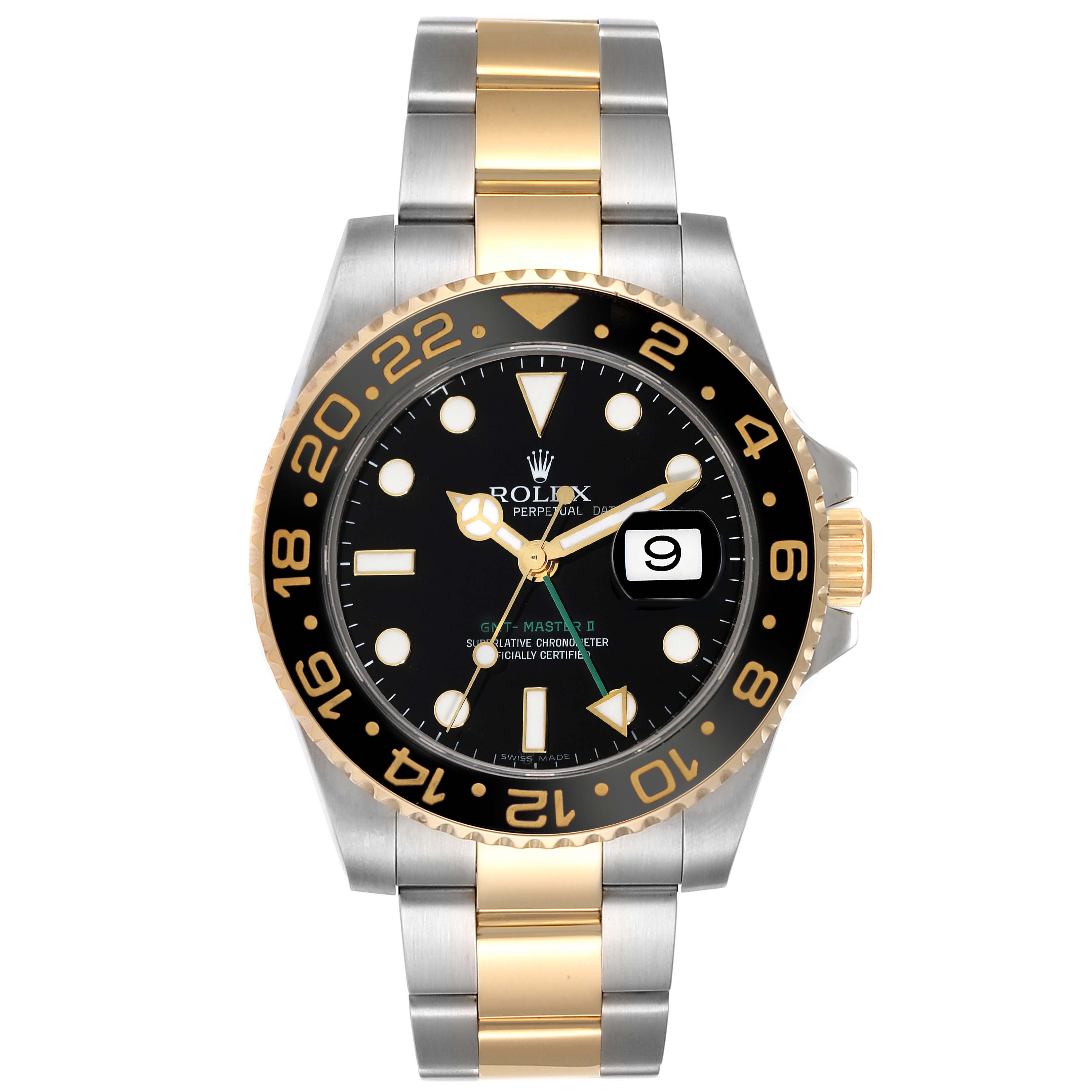 The image shows a front view of a Rolex GMT-Master 116713 Men's Steel and Gold (two tone) Black Dial 116713 Men's Steel and Gold (two tone) Black Dial watch, highlighting its black dial, gold and silver bezel, and bracelet.