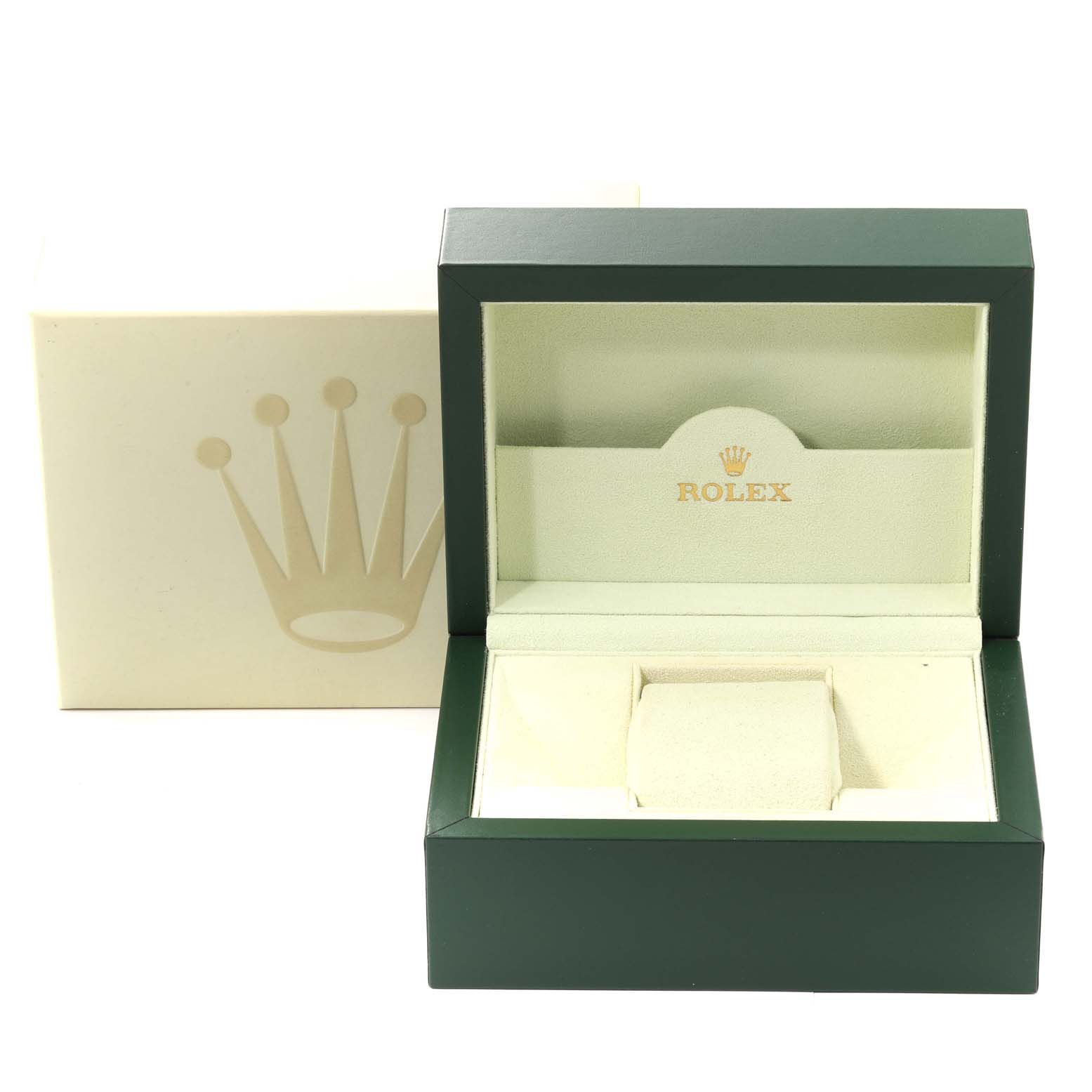 This image shows an open green and cream Rolex box designed to hold a GMT-Master model watch.