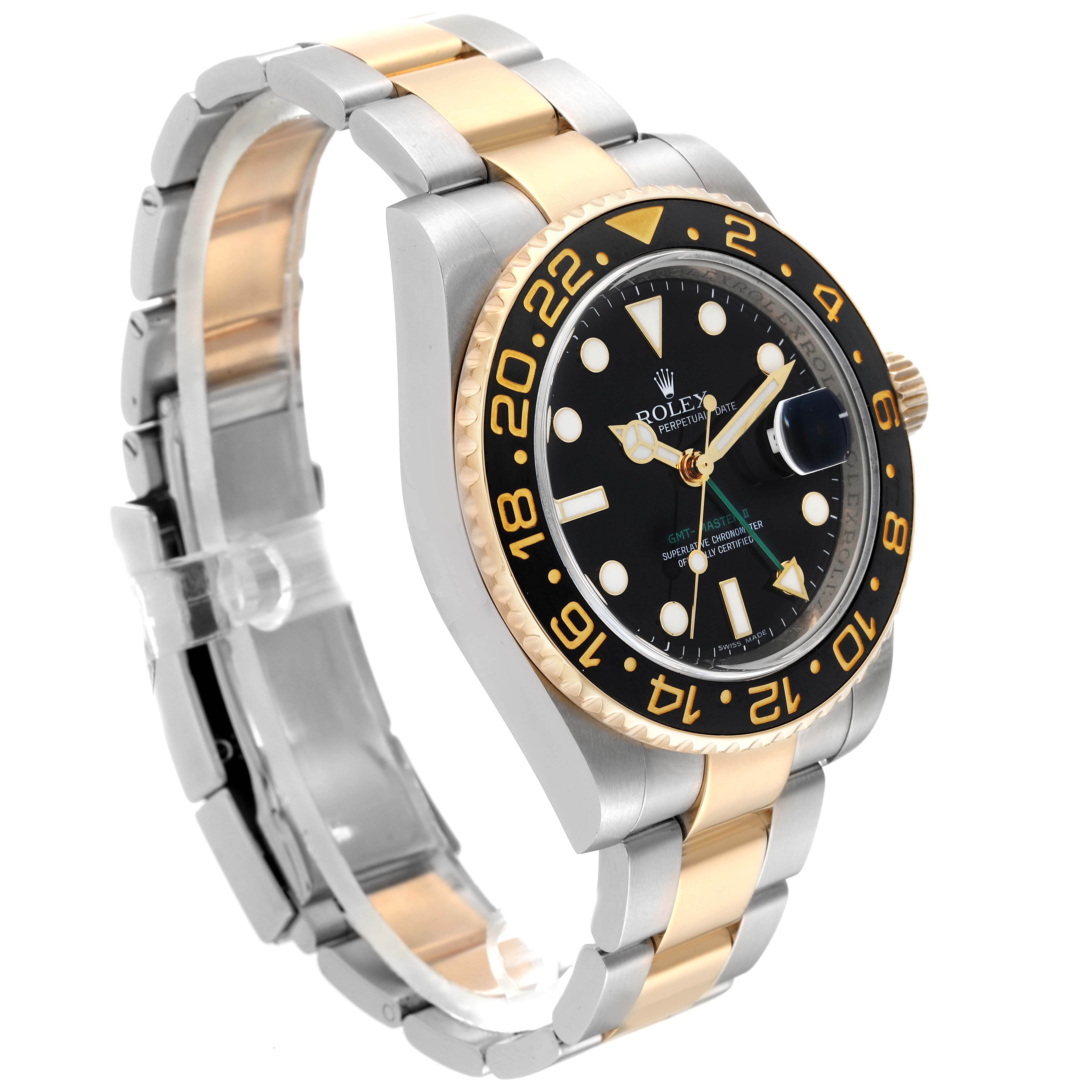 The Rolex GMT-Master 116713 Men's Steel and Gold (two tone) Black Dial 116713 Men's Steel and Gold (two tone) Black Dial watch is shown at a three-quarter angle, displaying the dial, bezel, and part of the bracelet.