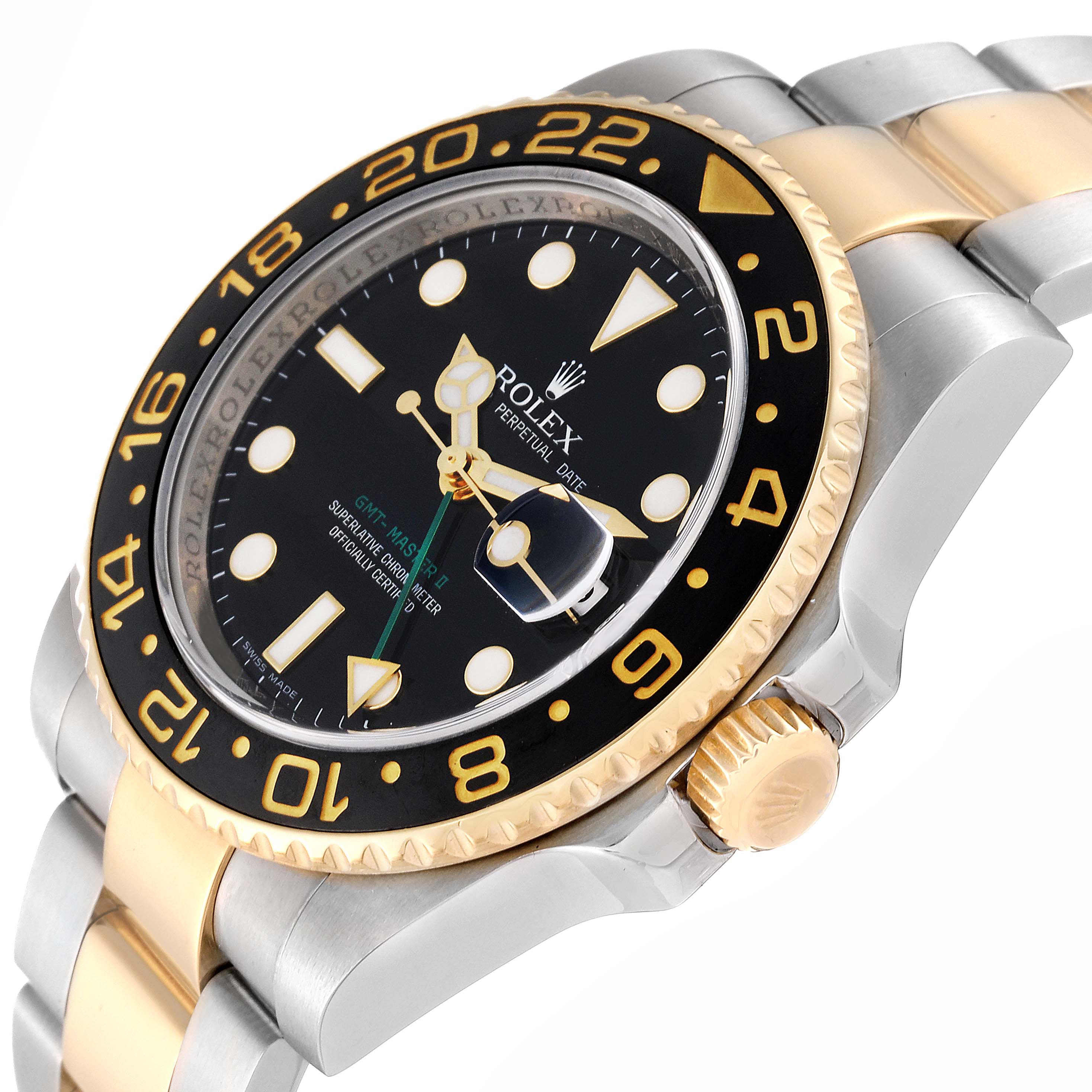 The image shows a close-up angle of the Rolex GMT-Master 116713 Men's Steel and Gold (two tone) Black Dial 116713 Men's Steel and Gold (two tone) Black Dial watch, highlighting the black dial, gold and black bezel, and part of the bracelet and crown.