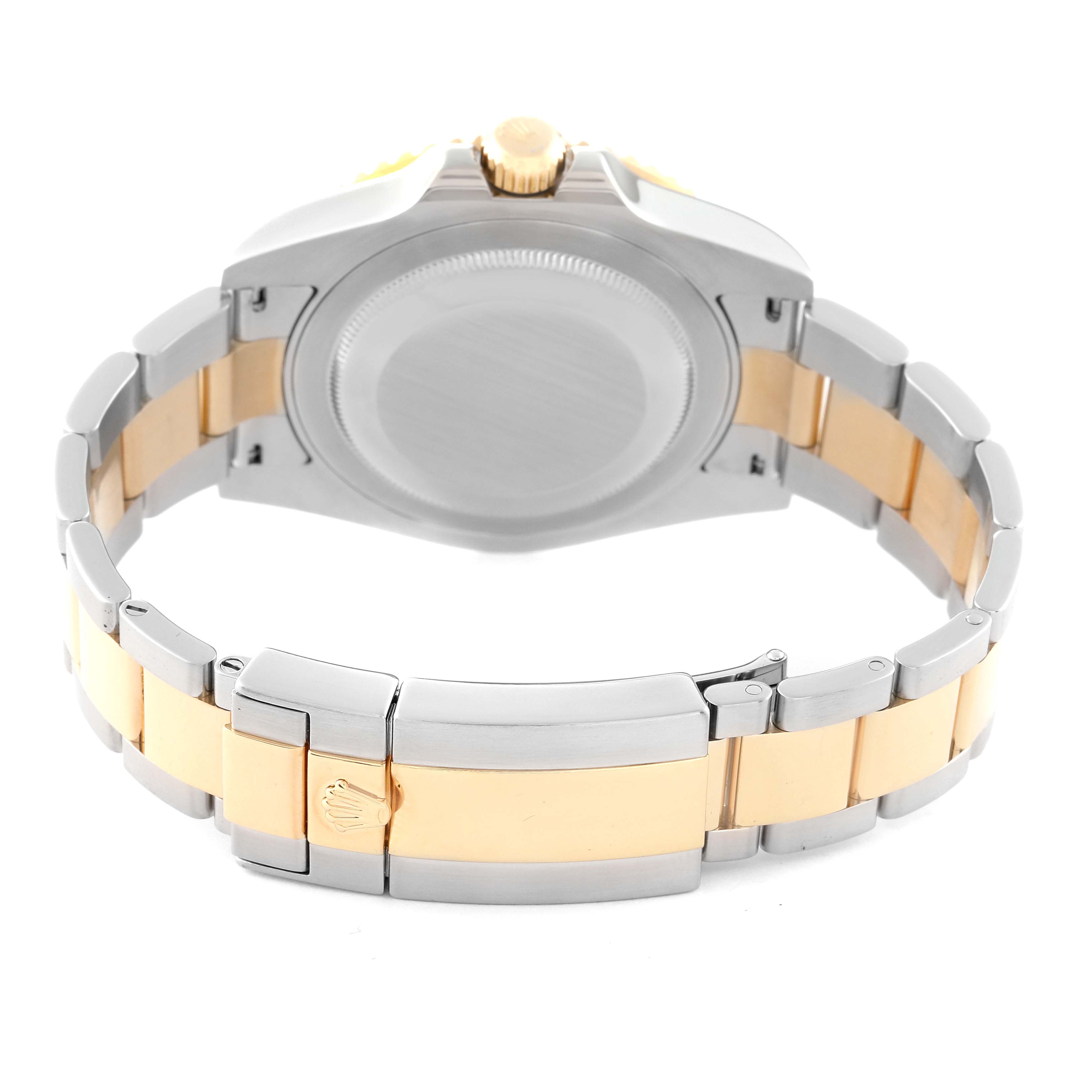 This image shows the back of a Rolex GMT-Master 116713 Men's Steel and Gold (two tone) Black Dial 116713 Men's Steel and Gold (two tone) Black Dial watch, focusing on its two-tone bracelet and clasp.