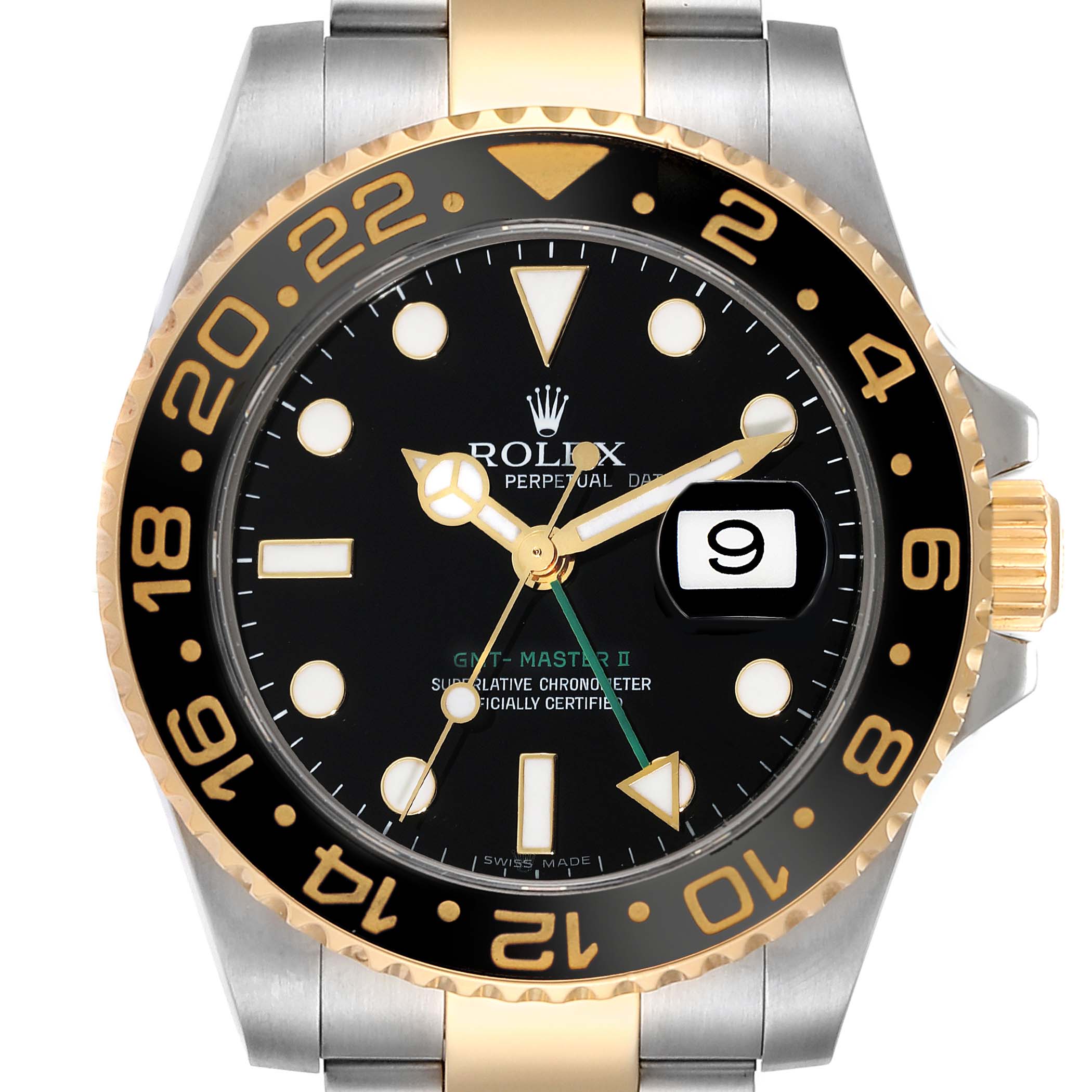 The image shows a front view of a Rolex GMT-Master 116713 Men's Steel and Gold (two tone) Black Dial 116713 Men's Steel and Gold (two tone) Black Dial II watch, highlighting its bezel, dial, and part of the bracelet.