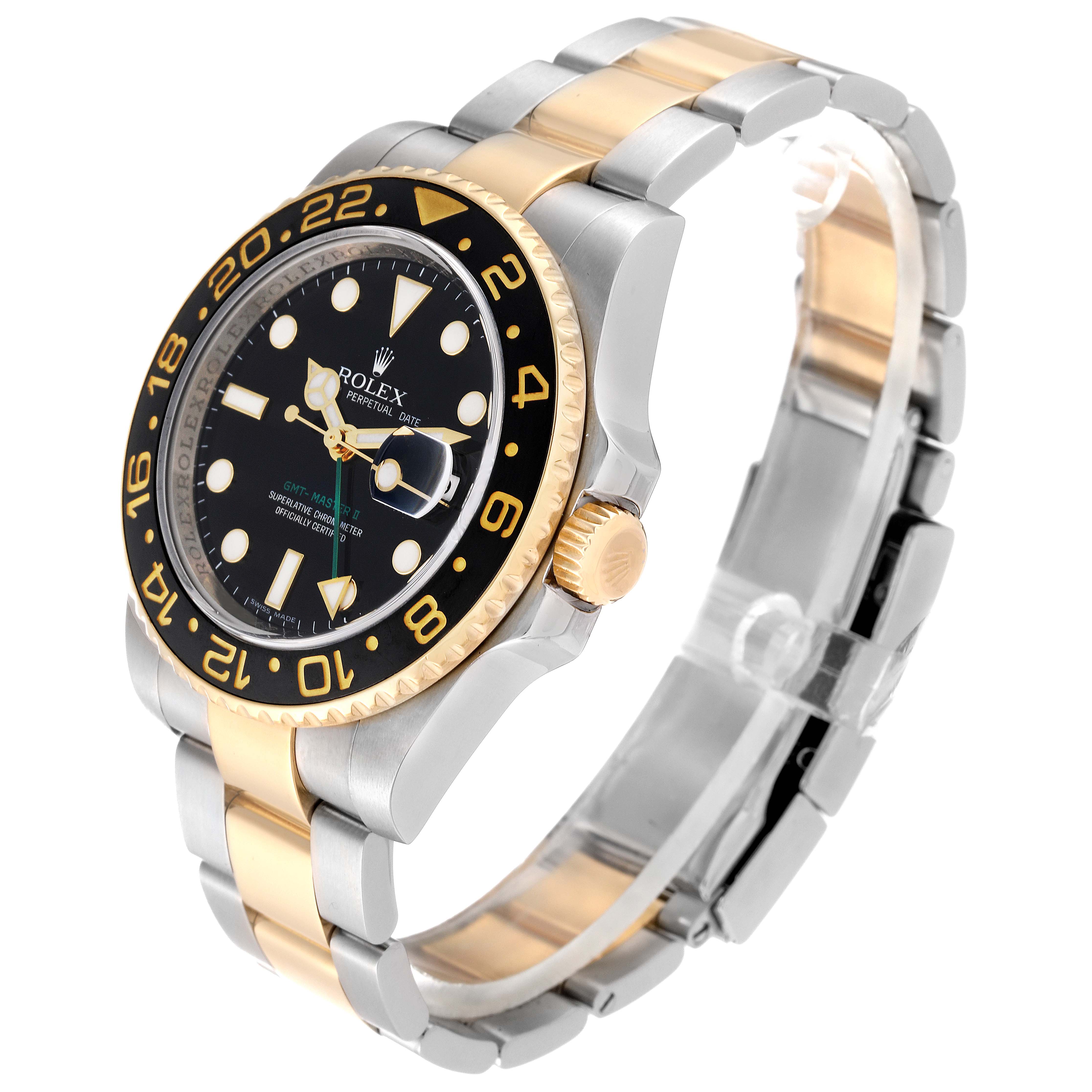 The image shows a Rolex GMT-Master 116713 Men's Steel and Gold (two tone) Black Dial 116713 Men's Steel and Gold (two tone) Black Dial watch at a three-quarter angle, highlighting the face, bezel, crown, and bracelet.