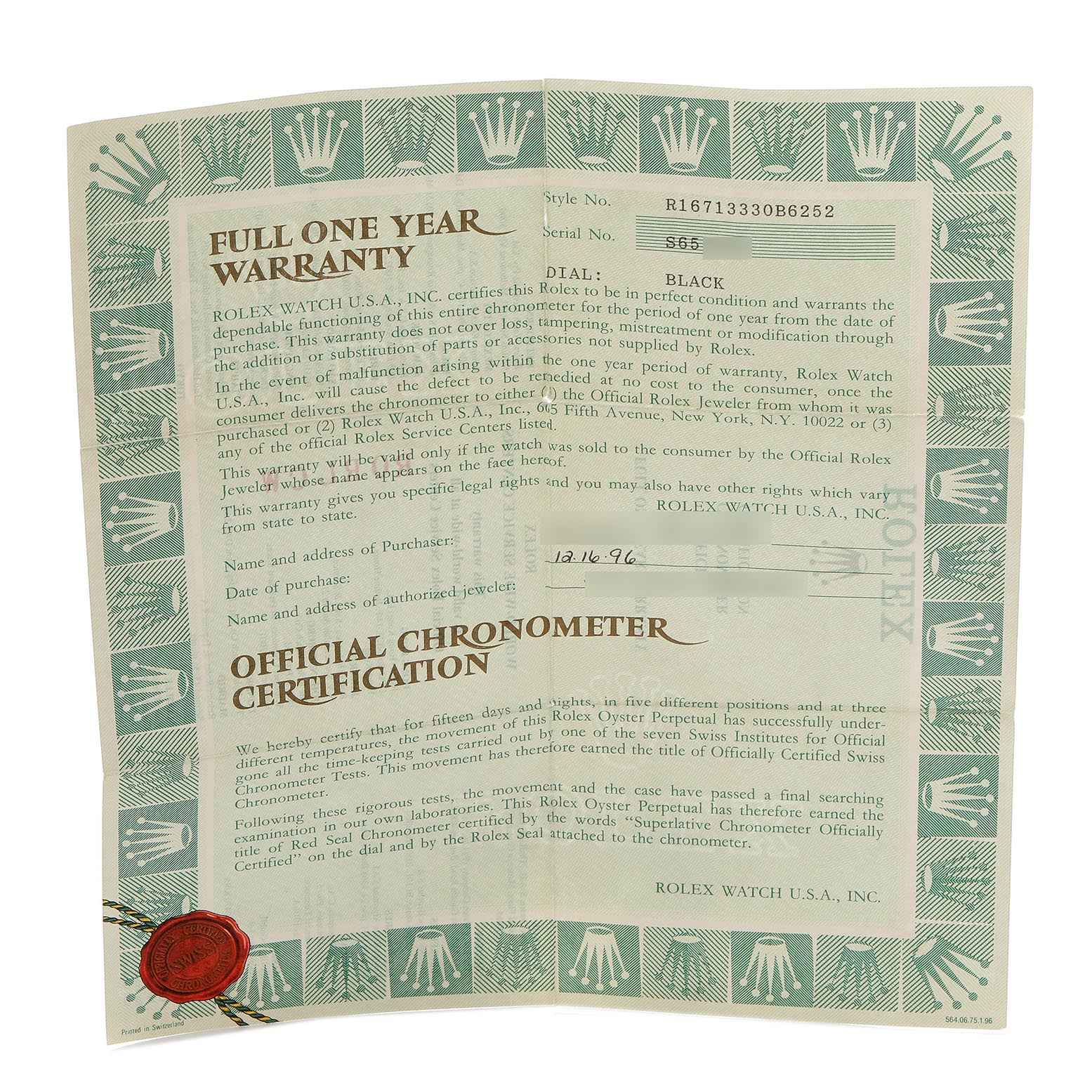 The image shows a flat view of a Rolex GMT-Master 16713 Men's Steel and Gold (two tone) Black Dial 16713 Men's Steel and Gold (two tone) Black Dial official warranty and chronometer certification document.