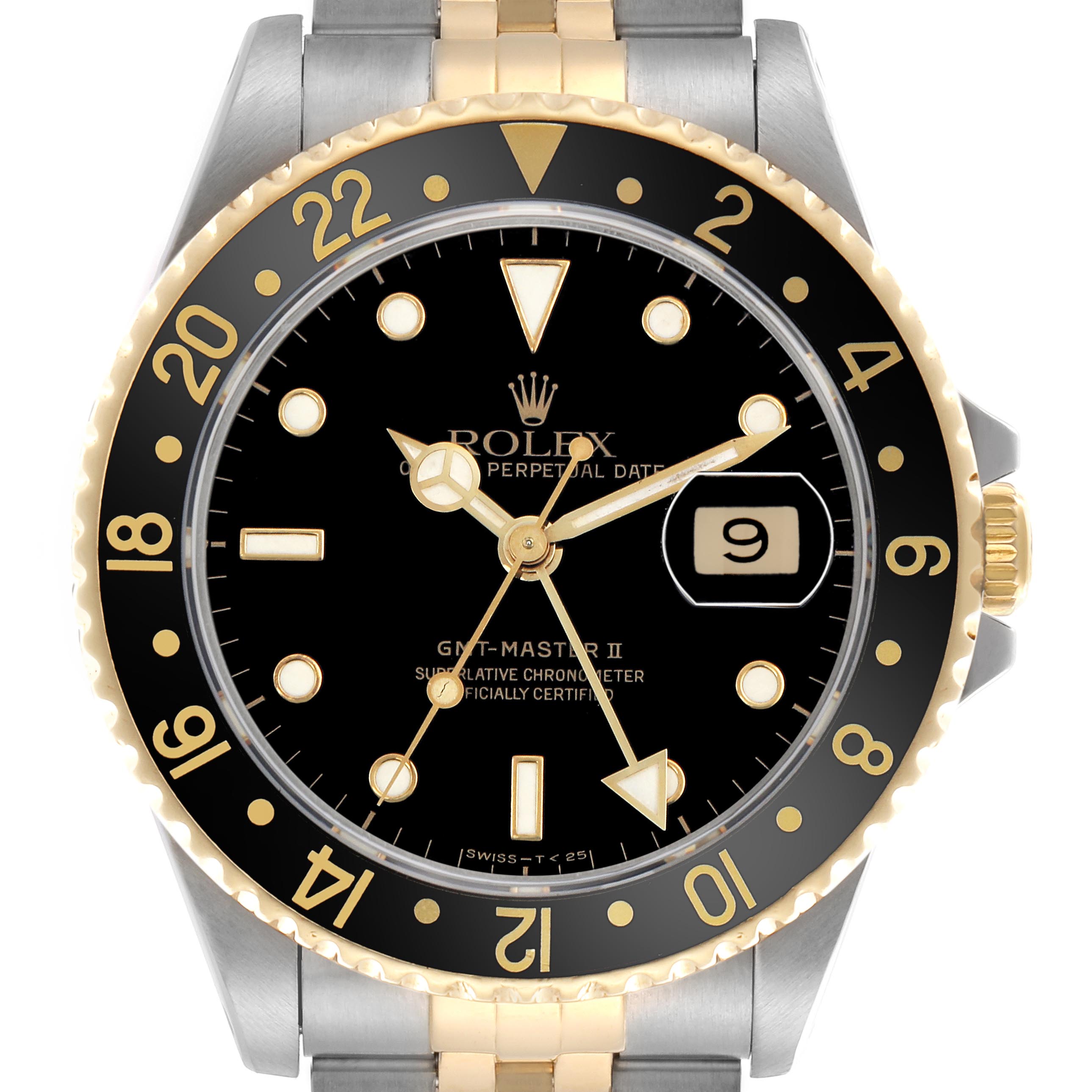 The image shows a Rolex GMT-Master 16713 Men's Steel and Gold (two tone) Black Dial 16713 Men's Steel and Gold (two tone) Black Dial II watch from a front angle, highlighting the bezel, dial, hands, and part of the bracelet.