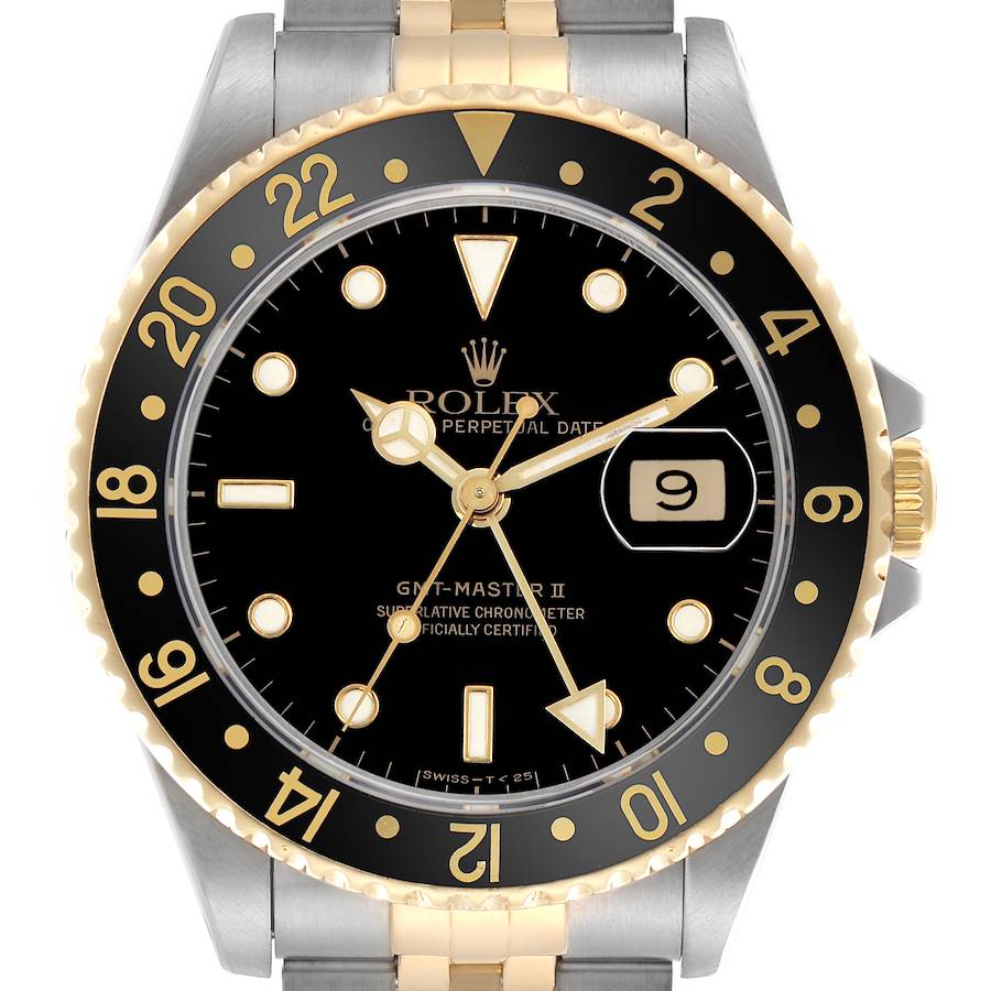 The image shows a Rolex GMT-Master II watch from a front angle, highlighting the bezel, dial, hands, and part of the bracelet.