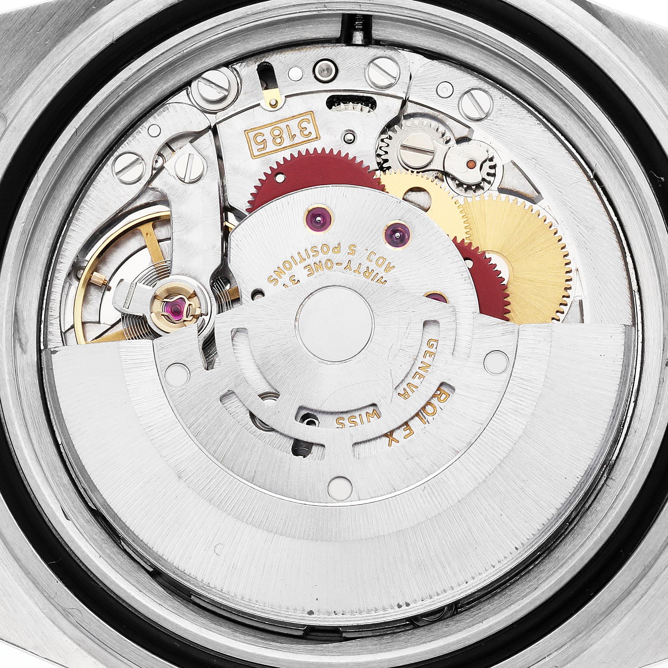 The image shows a close-up of the movement mechanism of a Rolex GMT-Master 16713 Men's Steel and Gold (two tone) Black Dial 16713 Men's Steel and Gold (two tone) Black Dial, highlighting gears and rotor.