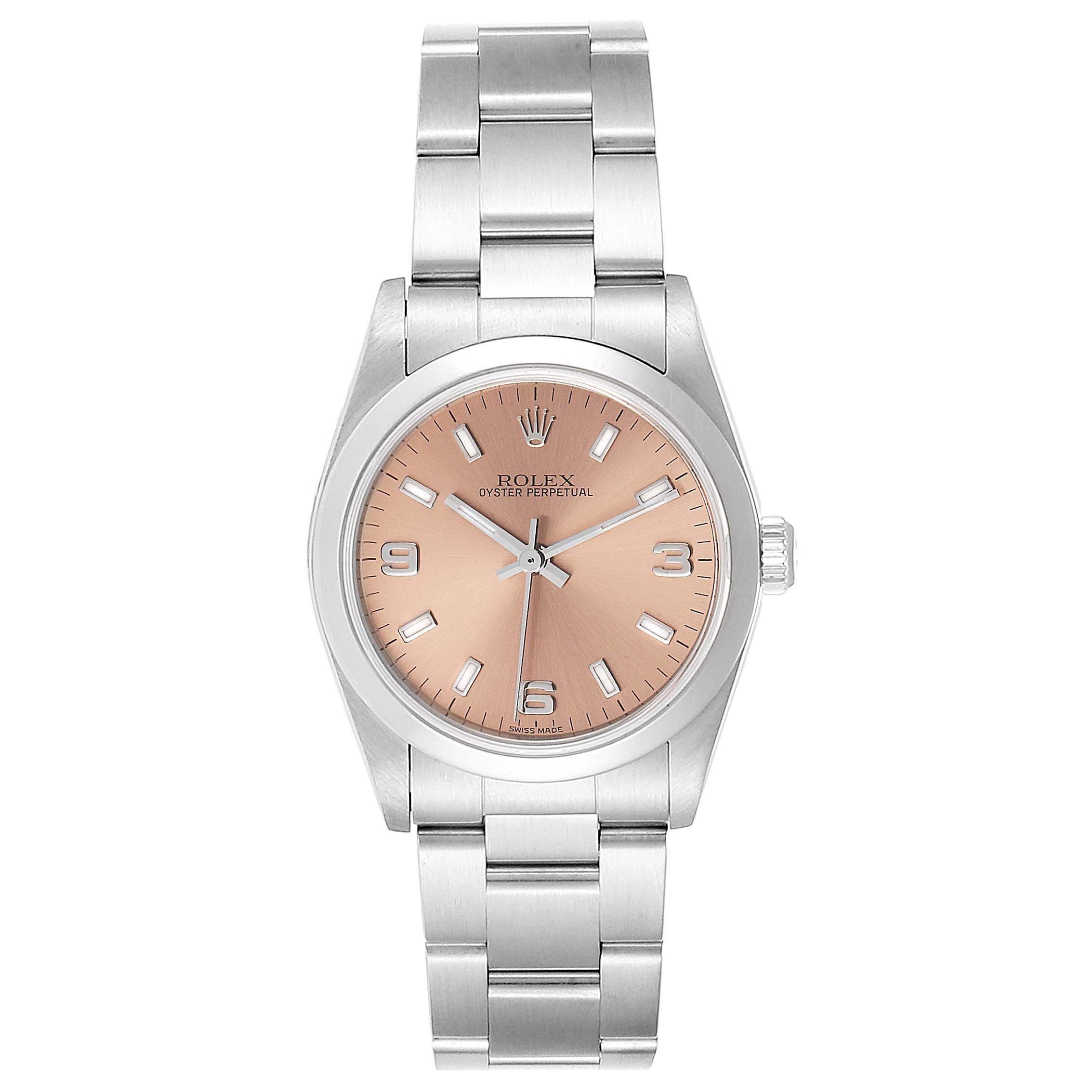 This image shows a front view of a Mid-Size Rolex Oyster Perpetual watch, highlighting its dial, bezel, and bracelet.