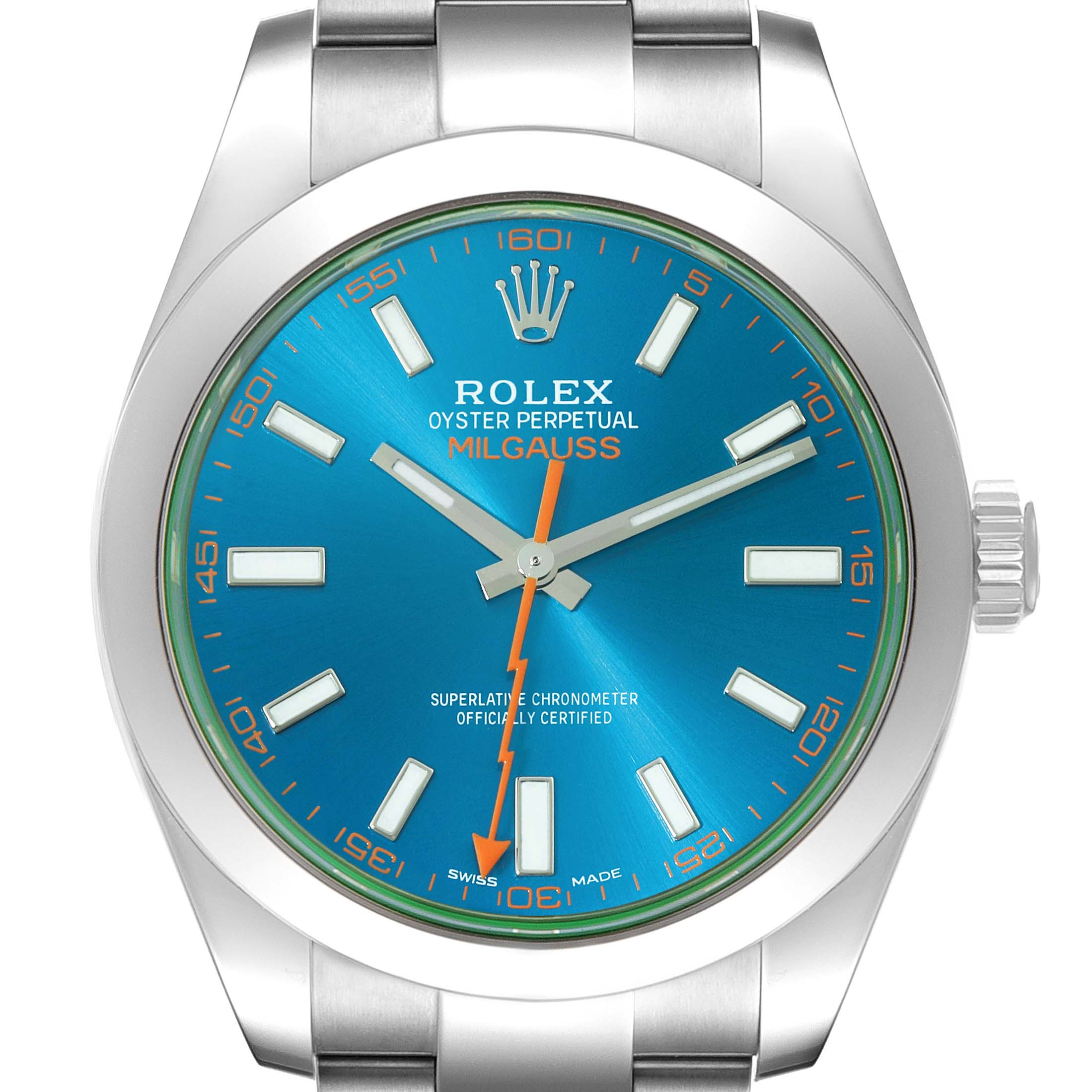 This image shows a front view of a Rolex Milgauss 116400GV Men's Stainless Steel Blue Dial 116400GV Men's Stainless Steel Blue Dial watch, highlighting its blue dial, orange second hand, and stainless steel bracelet.