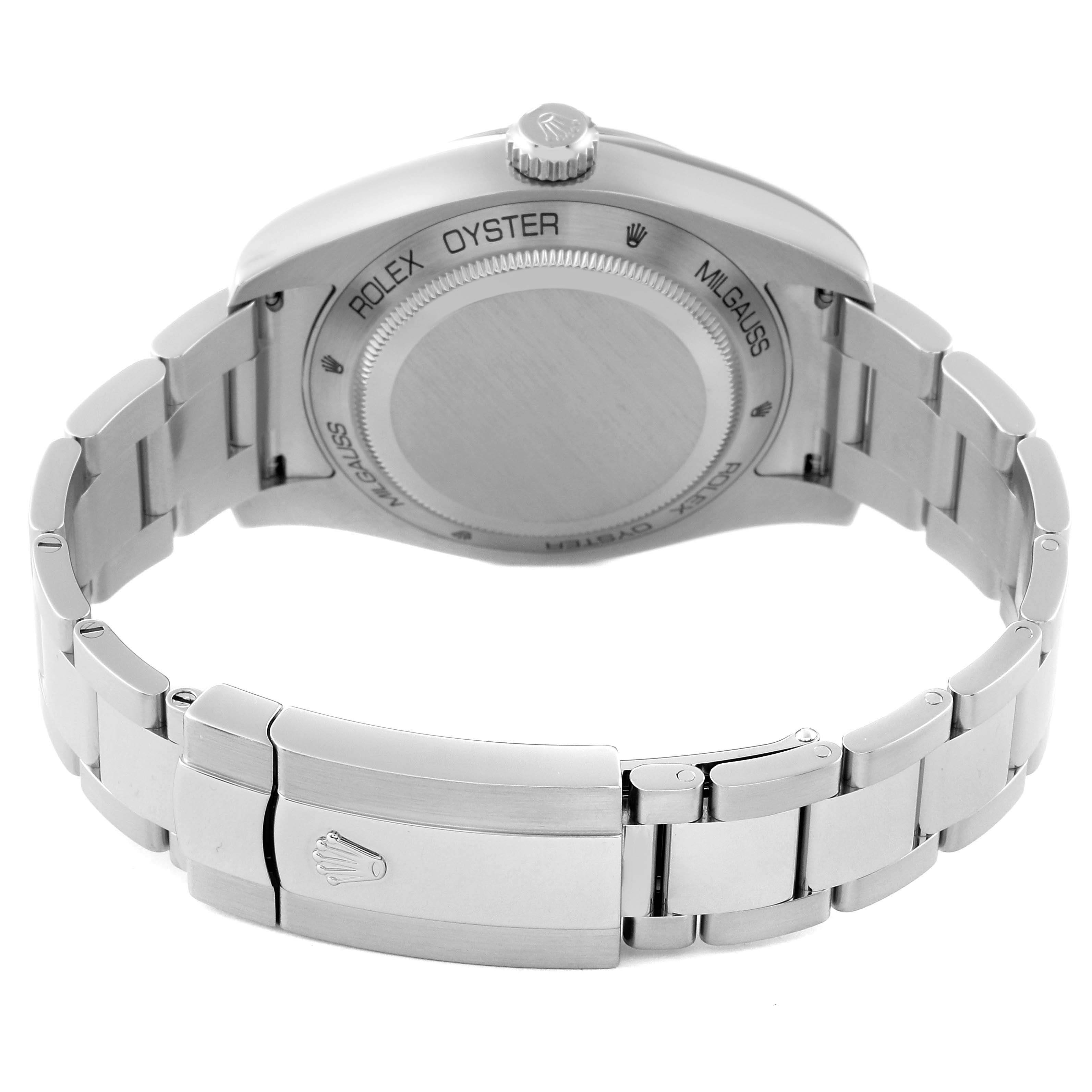 The image shows the back of the Rolex Milgauss 116400GV Men's Stainless Steel Blue Dial 116400GV Men's Stainless Steel Blue Dial watch, focusing on the case back and bracelet clasp.