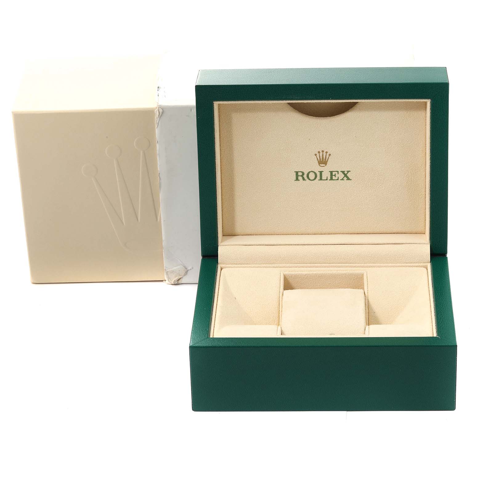 The image shows an open Rolex Milgauss 116400GV Men's Stainless Steel Blue Dial 116400GV Men's Stainless Steel Blue Dial watch box with the outer beige box and inner green case visible.