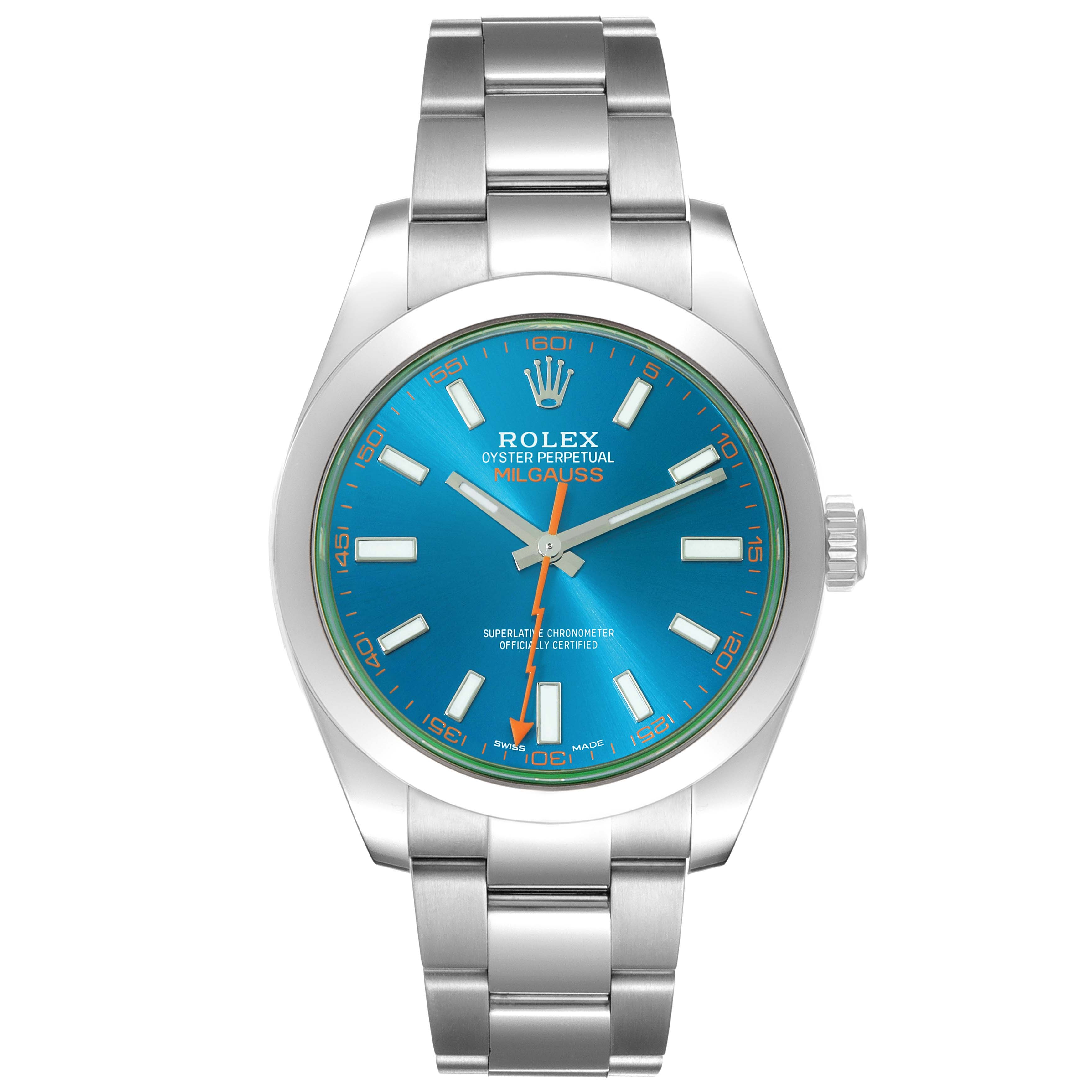 The image shows a front view of a Rolex Milgauss 116400GV Men's Stainless Steel Blue Dial 116400GV Men's Stainless Steel Blue Dial watch, displaying its blue dial, stainless steel case, and bracelet.