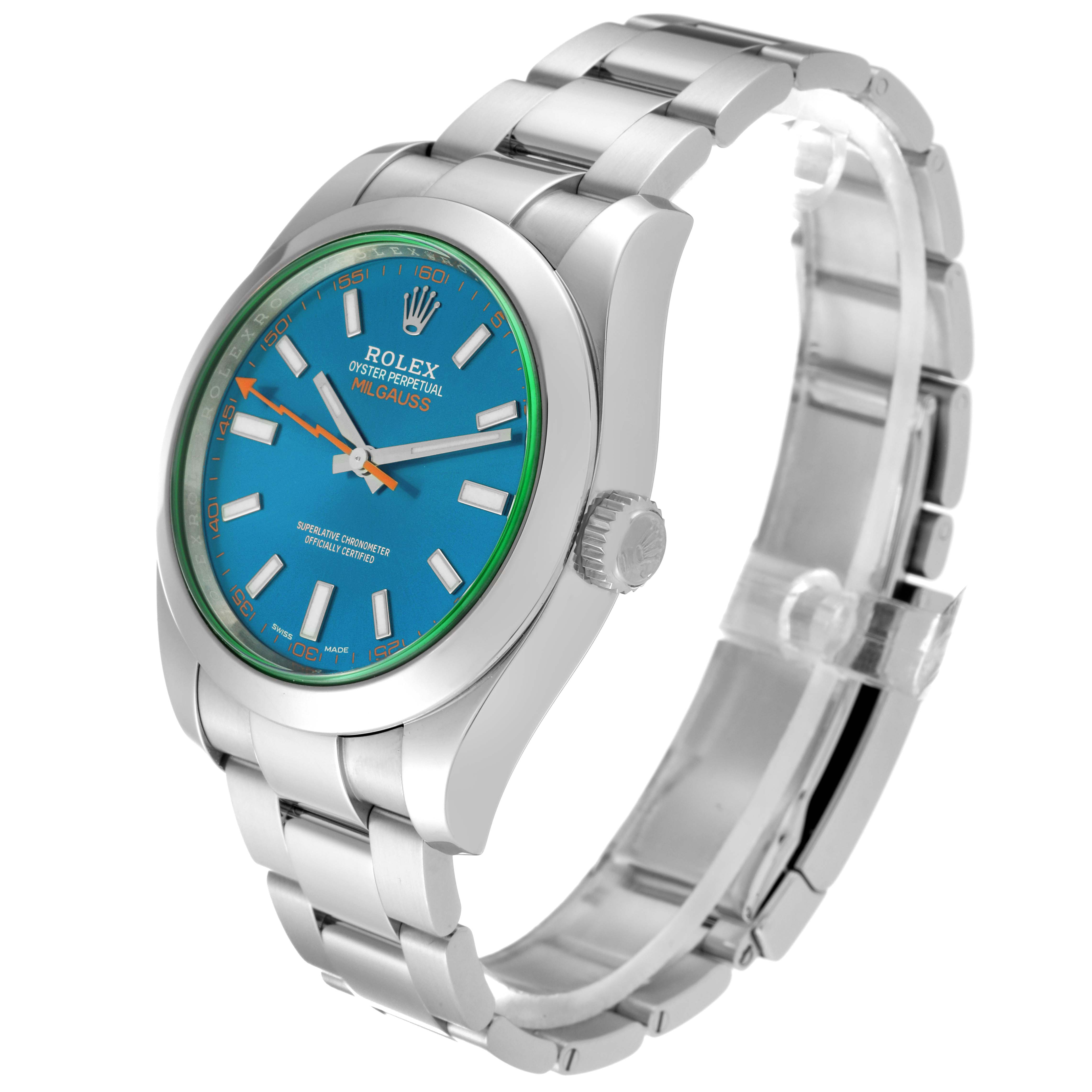 This image shows a side view and partial front of a Rolex Milgauss 116400GV Men's Stainless Steel Blue Dial 116400GV Men's Stainless Steel Blue Dial watch, highlighting its face, bezel, and bracelet.