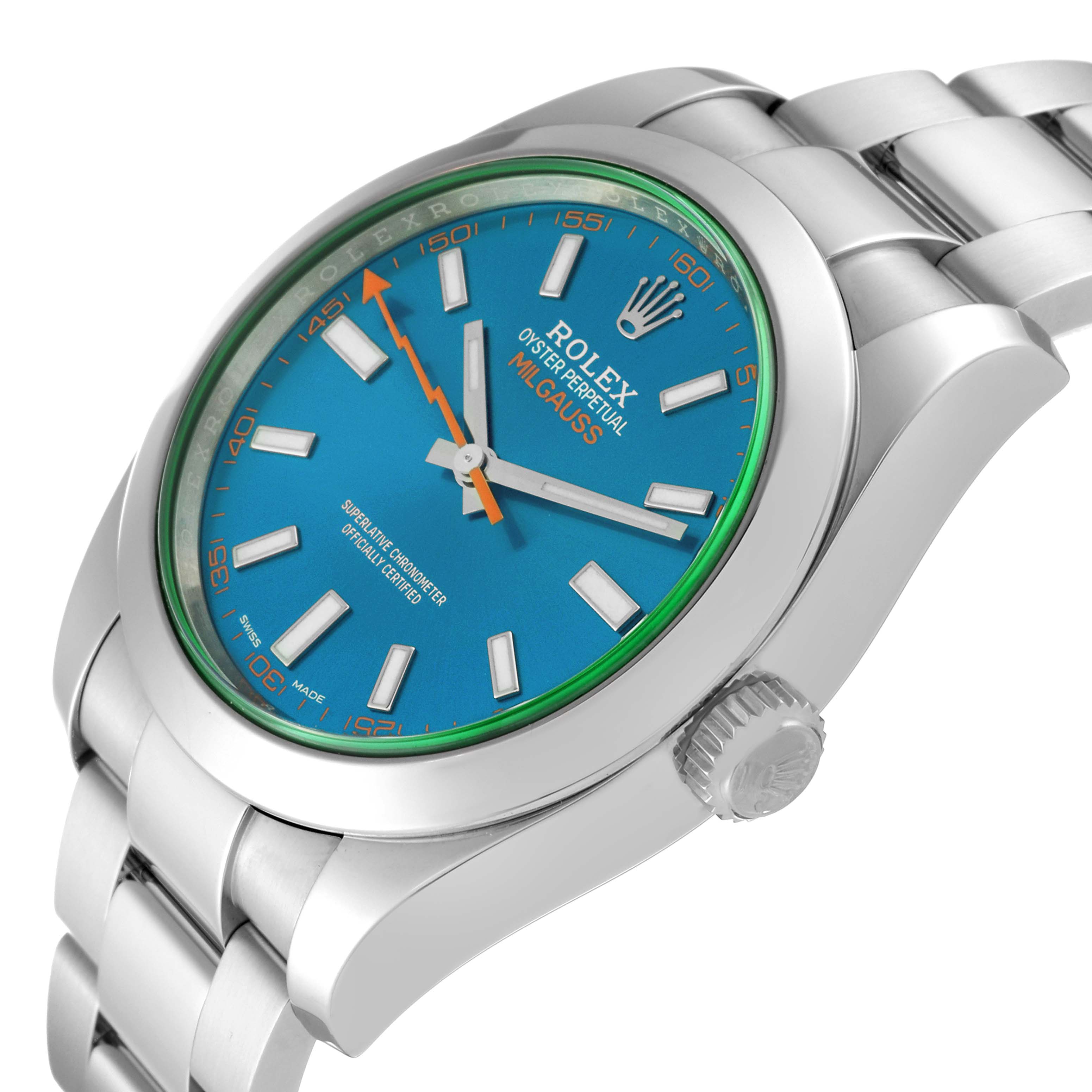 This image shows a side angle of a Rolex Milgauss 116400GV Men's Stainless Steel Blue Dial 116400GV Men's Stainless Steel Blue Dial watch, highlighting its blue dial, green-tinted crystal, and metallic bracelet.