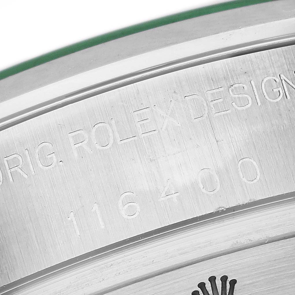 This close-up image shows the engraved serial number and branding on the case back of the Rolex Milgauss 116400GV Men's Stainless Steel Blue Dial 116400GV Men's Stainless Steel Blue Dial watch.
