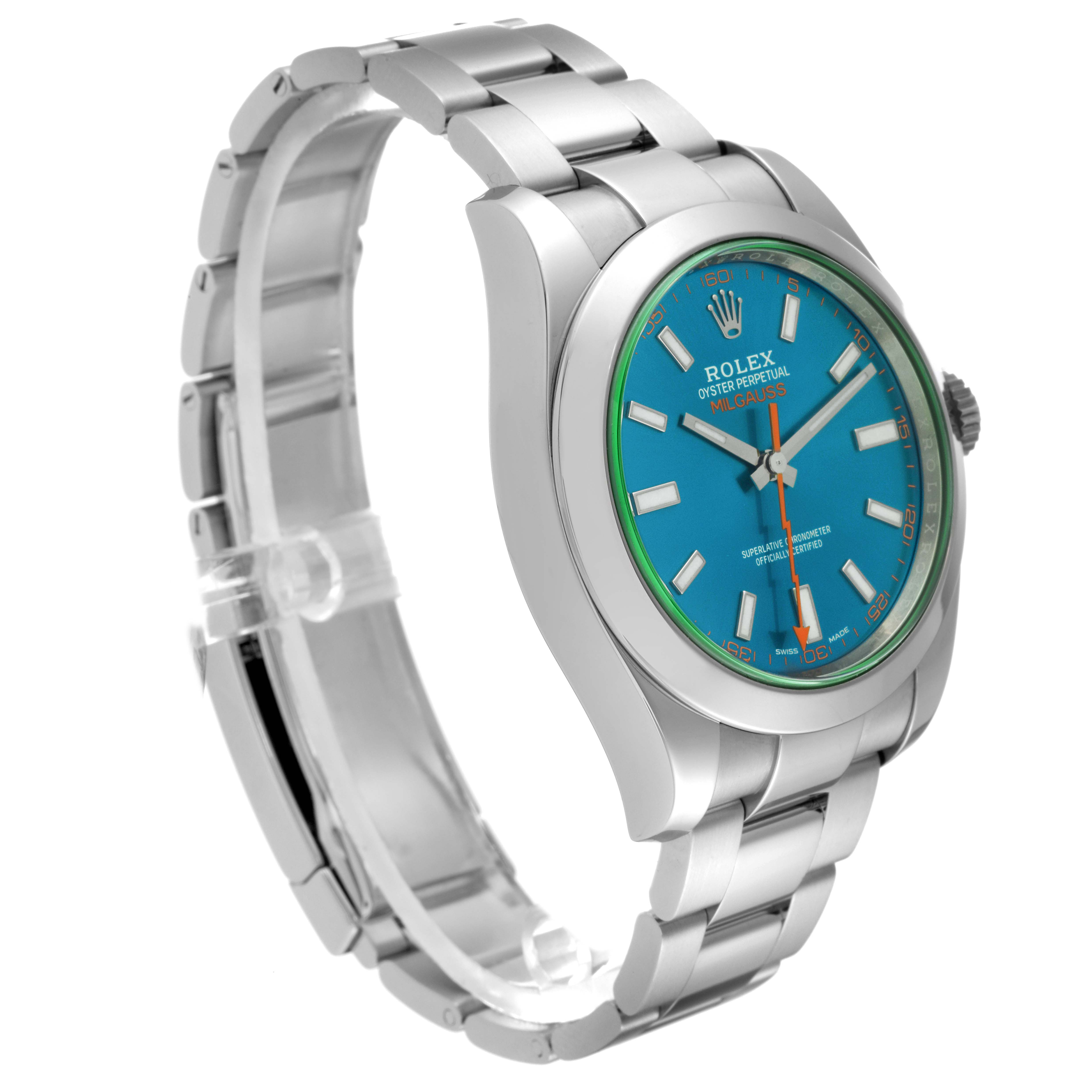 The Rolex Milgauss 116400GV Men's Stainless Steel Blue Dial 116400GV Men's Stainless Steel Blue Dial watch is shown at a 3/4 angle, displaying the bezel, face, and stainless steel bracelet.
