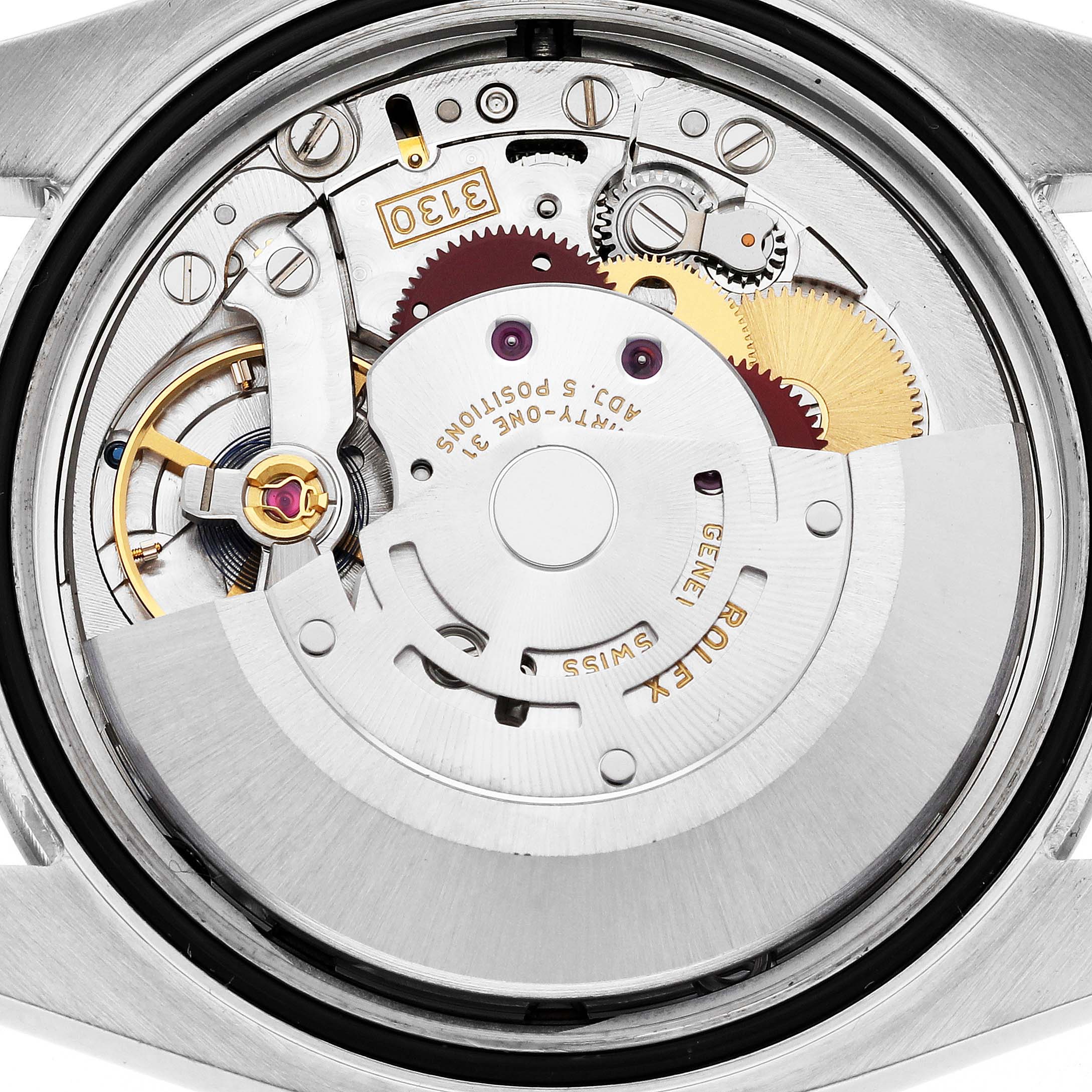 This image shows the internal mechanical components and movement of a Rolex Oyster Perpetual 116000 Men
s Stainless Steel Black Dial 116000 Men
s Stainless Steel Black Dial watch from a back angle.