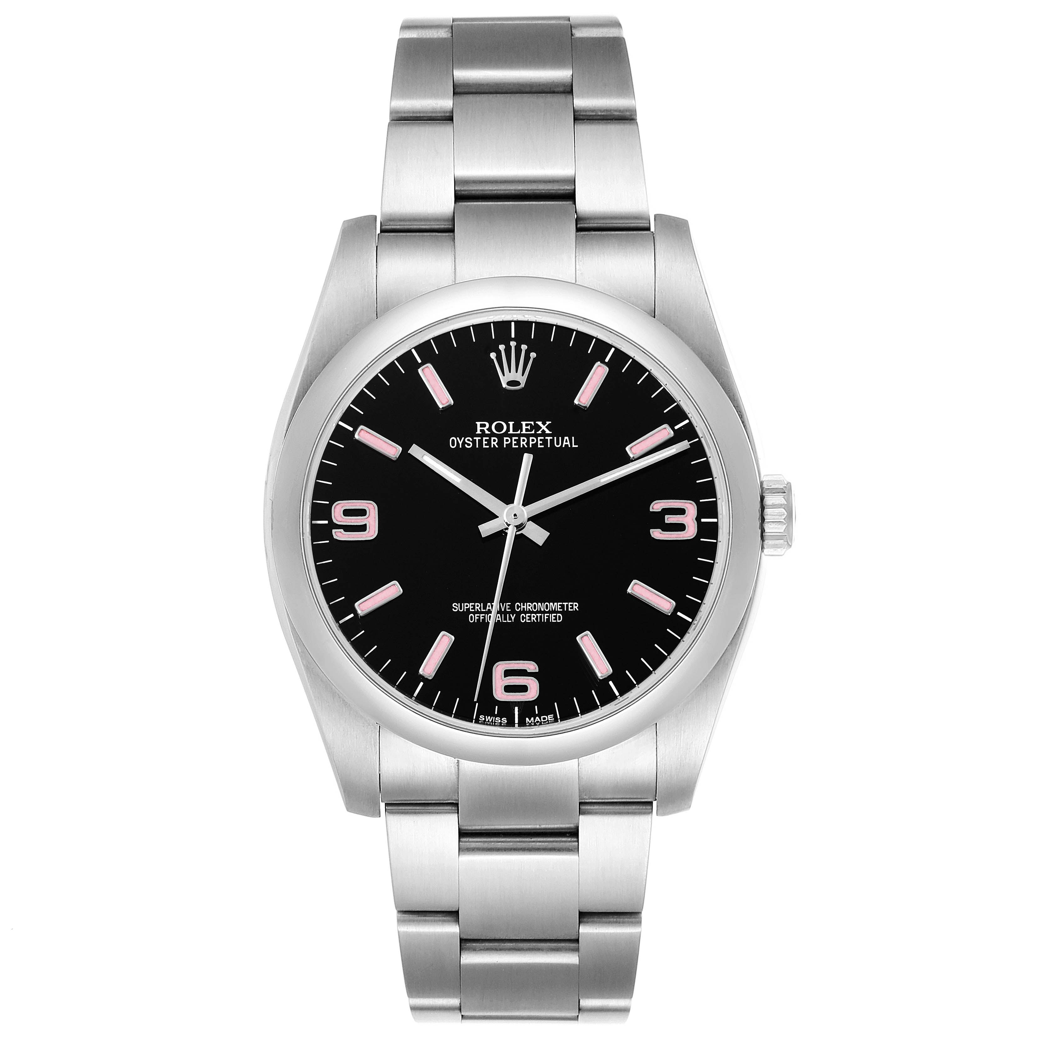 The image shows a front view of the Rolex Oyster Perpetual 116000 Men
s Stainless Steel Black Dial 116000 Men
s Stainless Steel Black Dial watch, highlighting its black dial, silver bracelet, and crown logo.