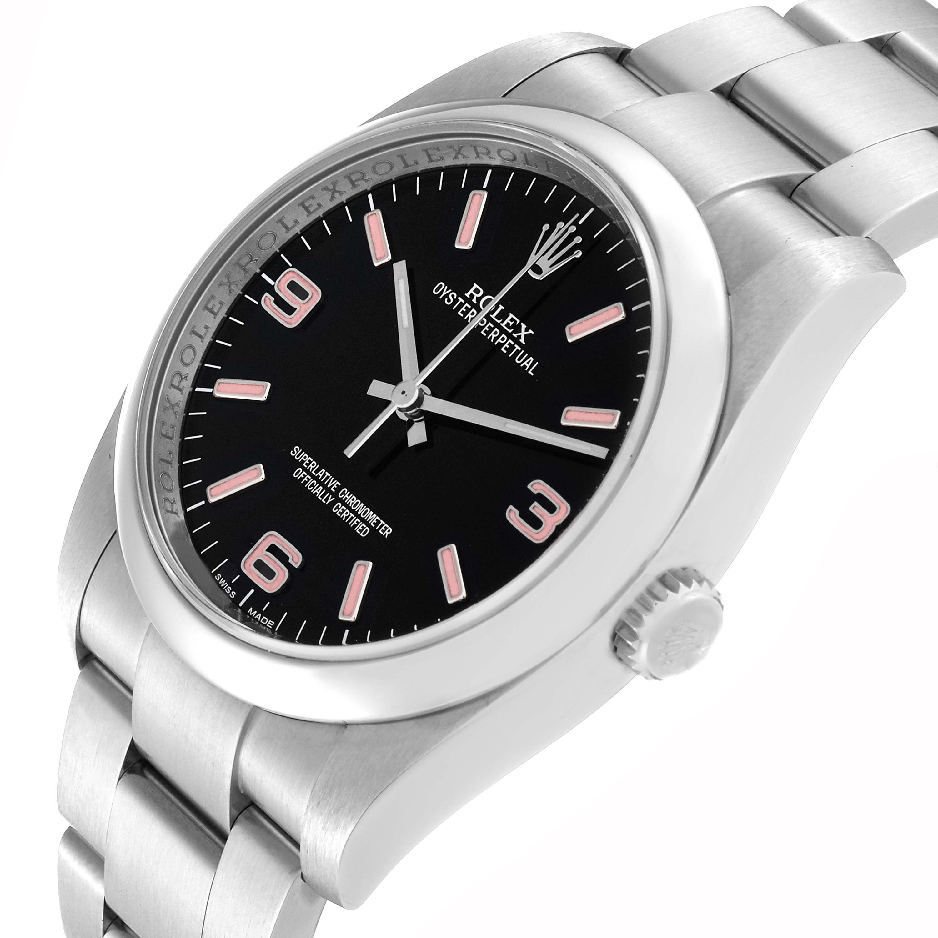 The image shows a side angle focused on the face, bezel, crown, and bracelet of the Rolex Oyster Perpetual 116000 Men
s Stainless Steel Black Dial 116000 Men
s Stainless Steel Black Dial watch.