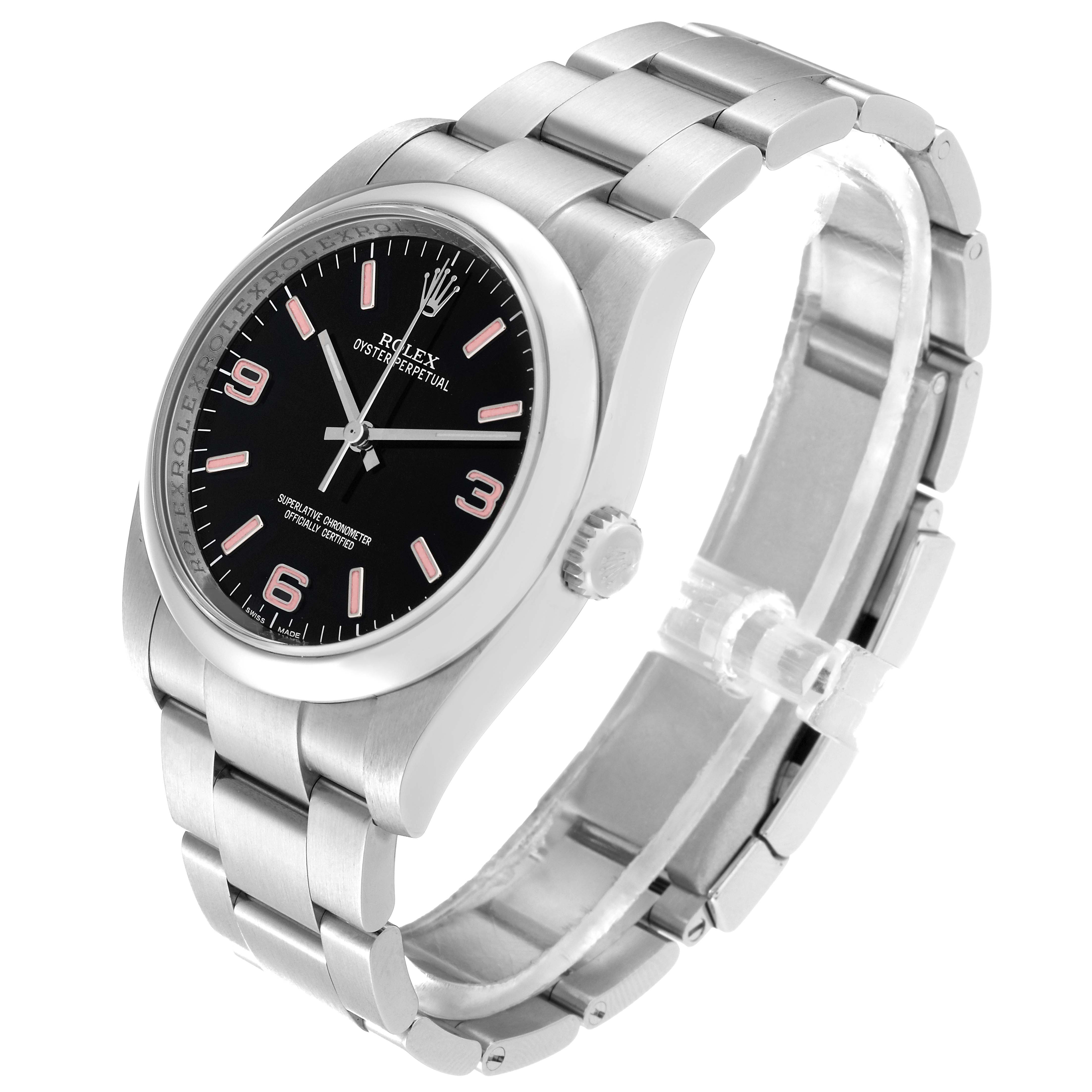 The Rolex Oyster Perpetual 116000 Men
s Stainless Steel Black Dial 116000 Men
s Stainless Steel Black Dial watch is shown at a three-quarter angle, displaying its case, dial, crown, and bracelet.