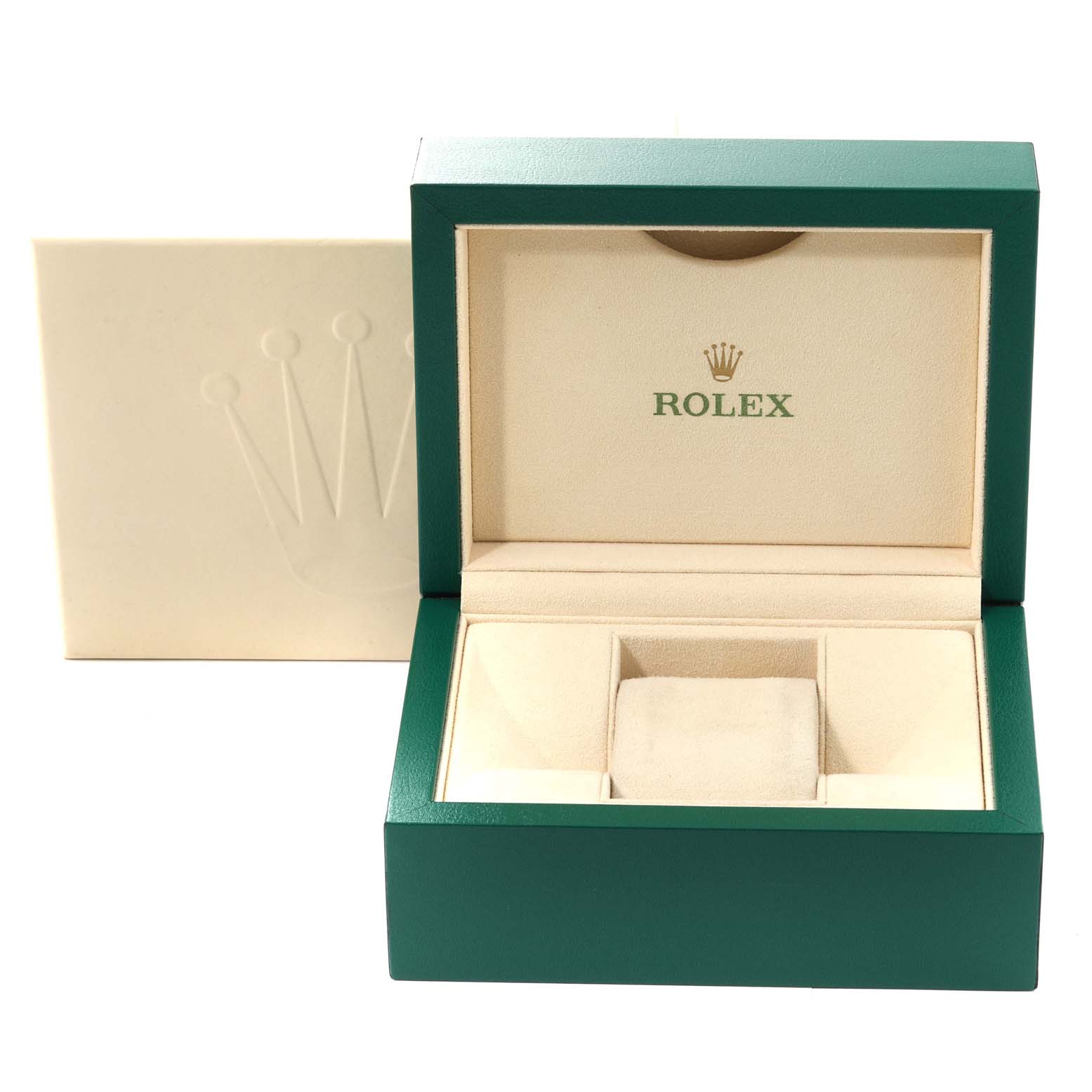 The image shows an open Rolex Oyster Perpetual 116000 Men
s Stainless Steel Black Dial 116000 Men
s Stainless Steel Black Dial watch box with a green exterior and cream interior, displaying the logo.