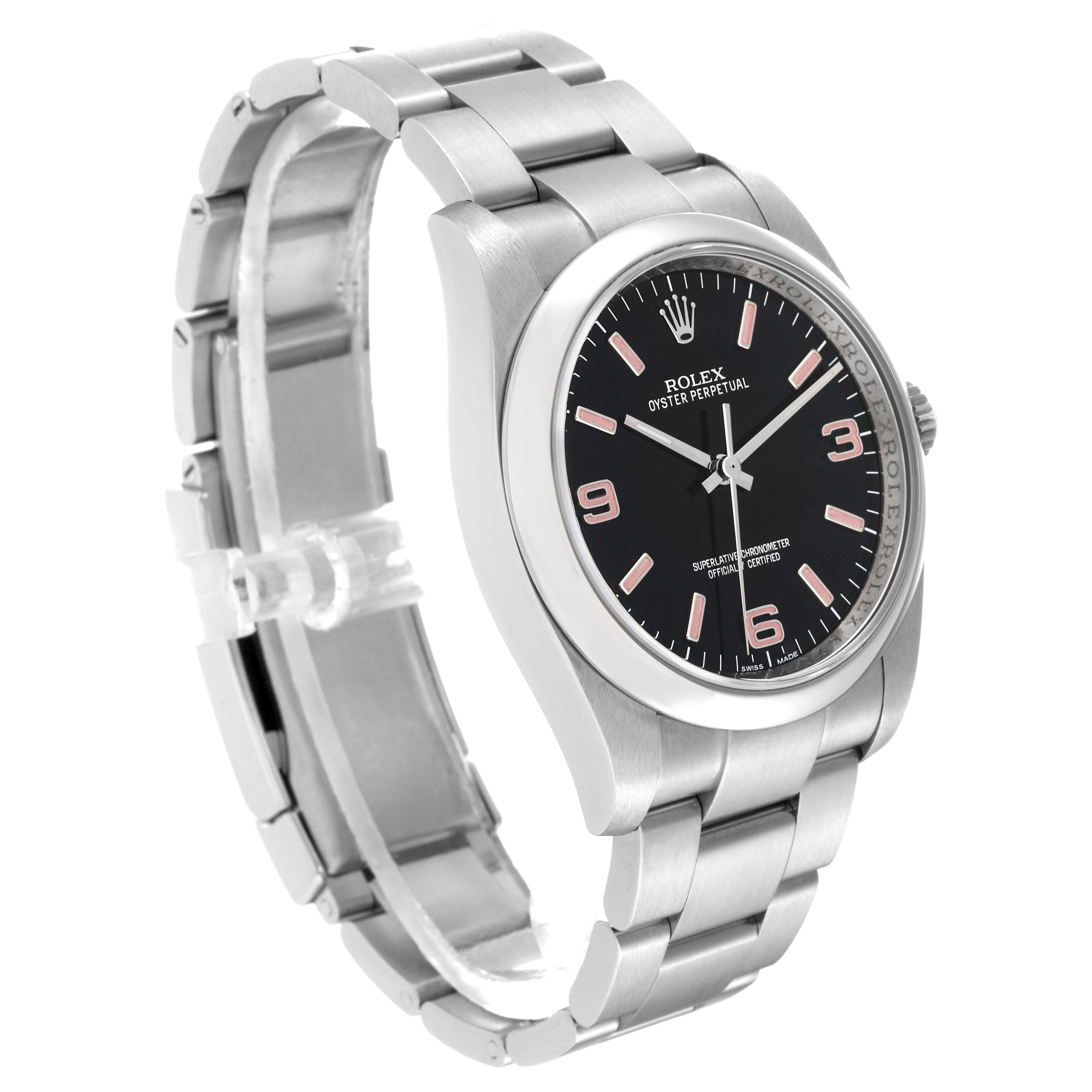 This image shows a side angle of the Rolex Oyster Perpetual 116000 Men
s Stainless Steel Black Dial 116000 Men
s Stainless Steel Black Dial watch, highlighting its stainless steel bracelet and black dial.