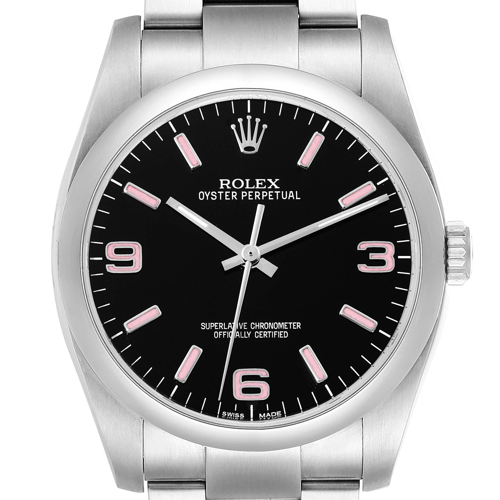 The image shows a front view of a Rolex Oyster Perpetual 116000 Men
s Stainless Steel Black Dial 116000 Men
s Stainless Steel Black Dial watch, displaying its black dial, hour markers, hands, crown, and parts of its bracelet.