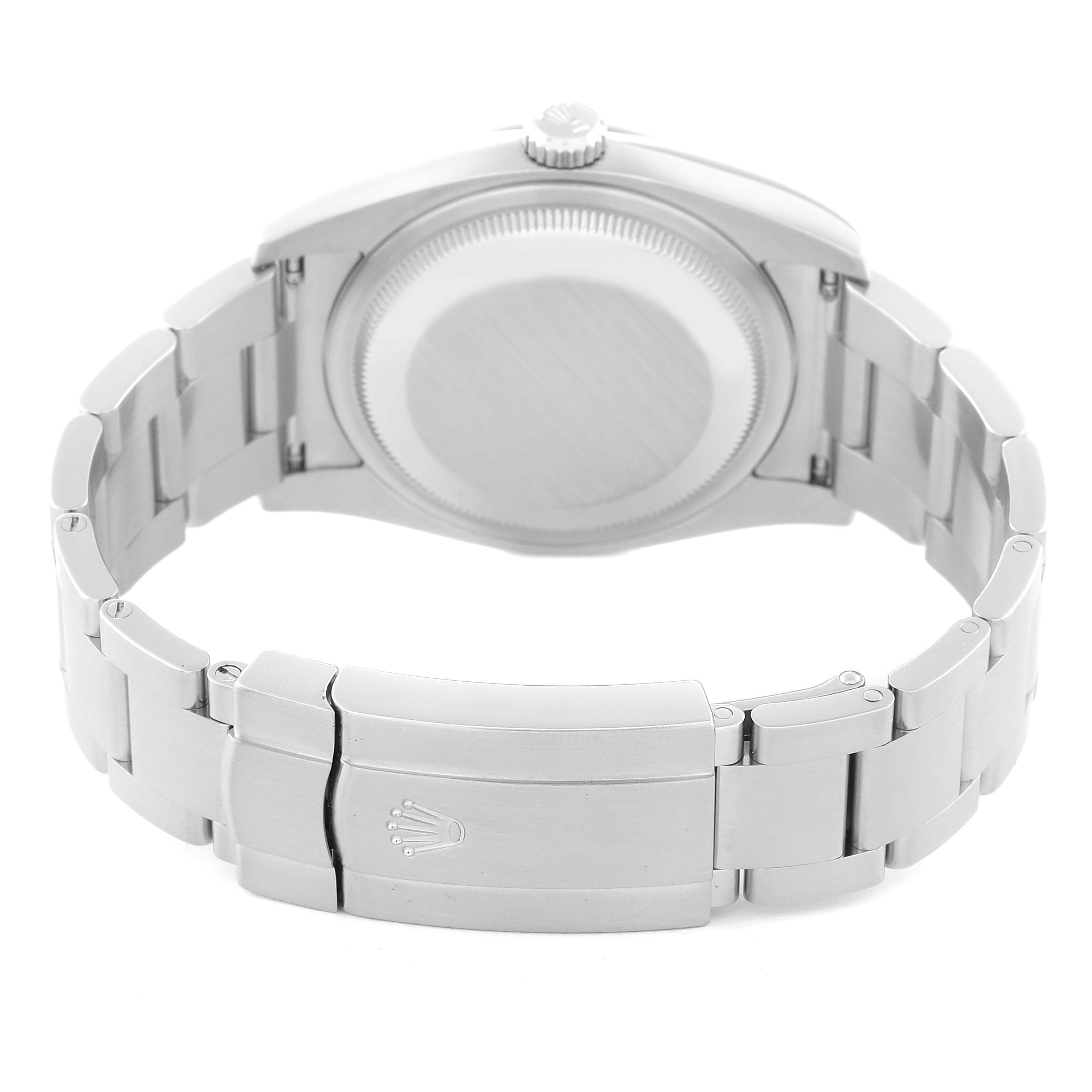 The image shows the back and bracelet of the Rolex Oyster Perpetual 116000 Men
s Stainless Steel Black Dial 116000 Men
s Stainless Steel Black Dial watch from a rear angle.