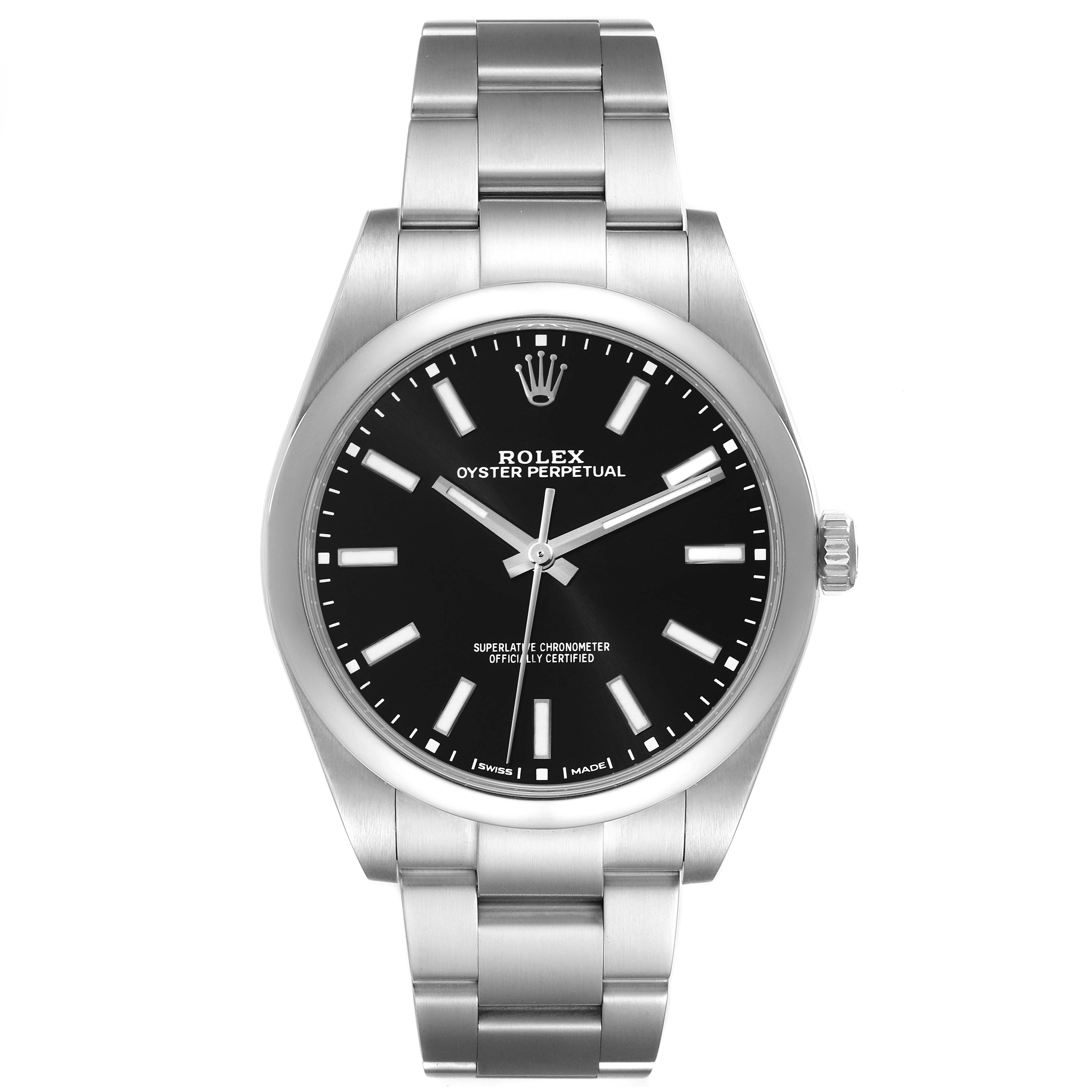 This image shows a front view of the Rolex Oyster Perpetual 114300 Men
s Stainless Steel Black Dial 114300 Men
s Stainless Steel Black Dial watch, highlighting its black dial, stainless steel case, and bracelet.