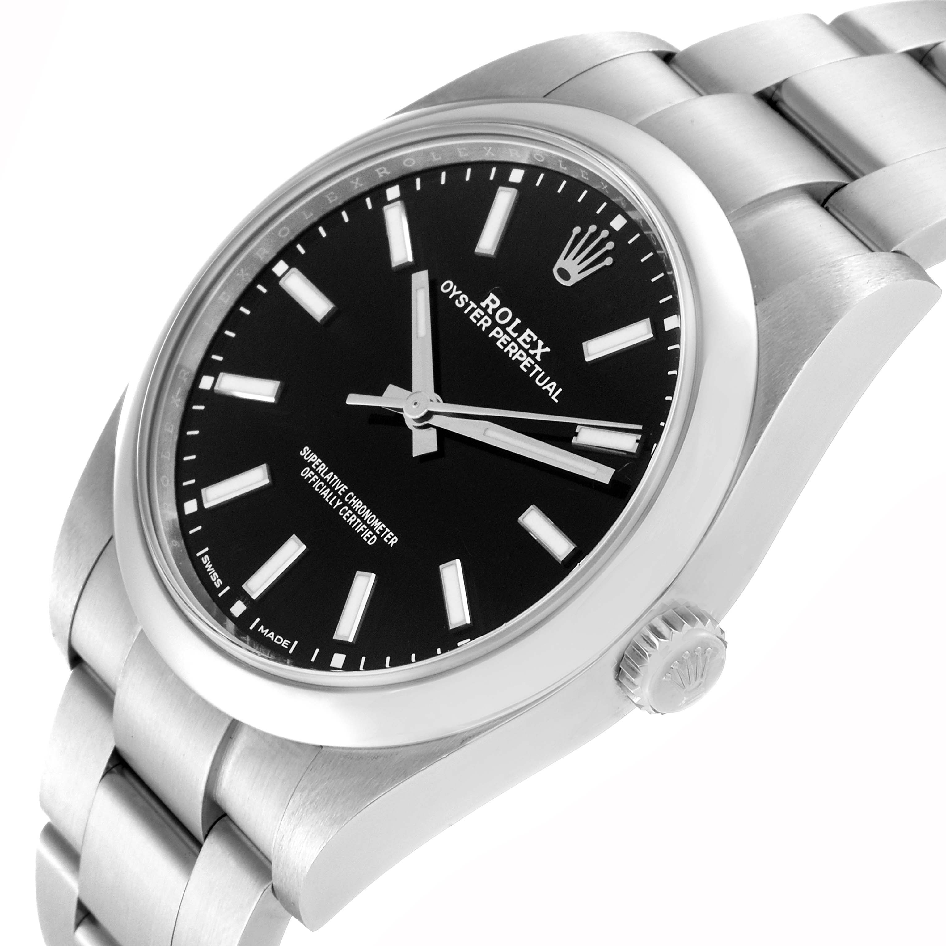 This image shows a Rolex Oyster Perpetual 114300 Men
s Stainless Steel Black Dial 114300 Men
s Stainless Steel Black Dial watch at a slight angle, clearly displaying the dial, crown, and part of the bracelet.