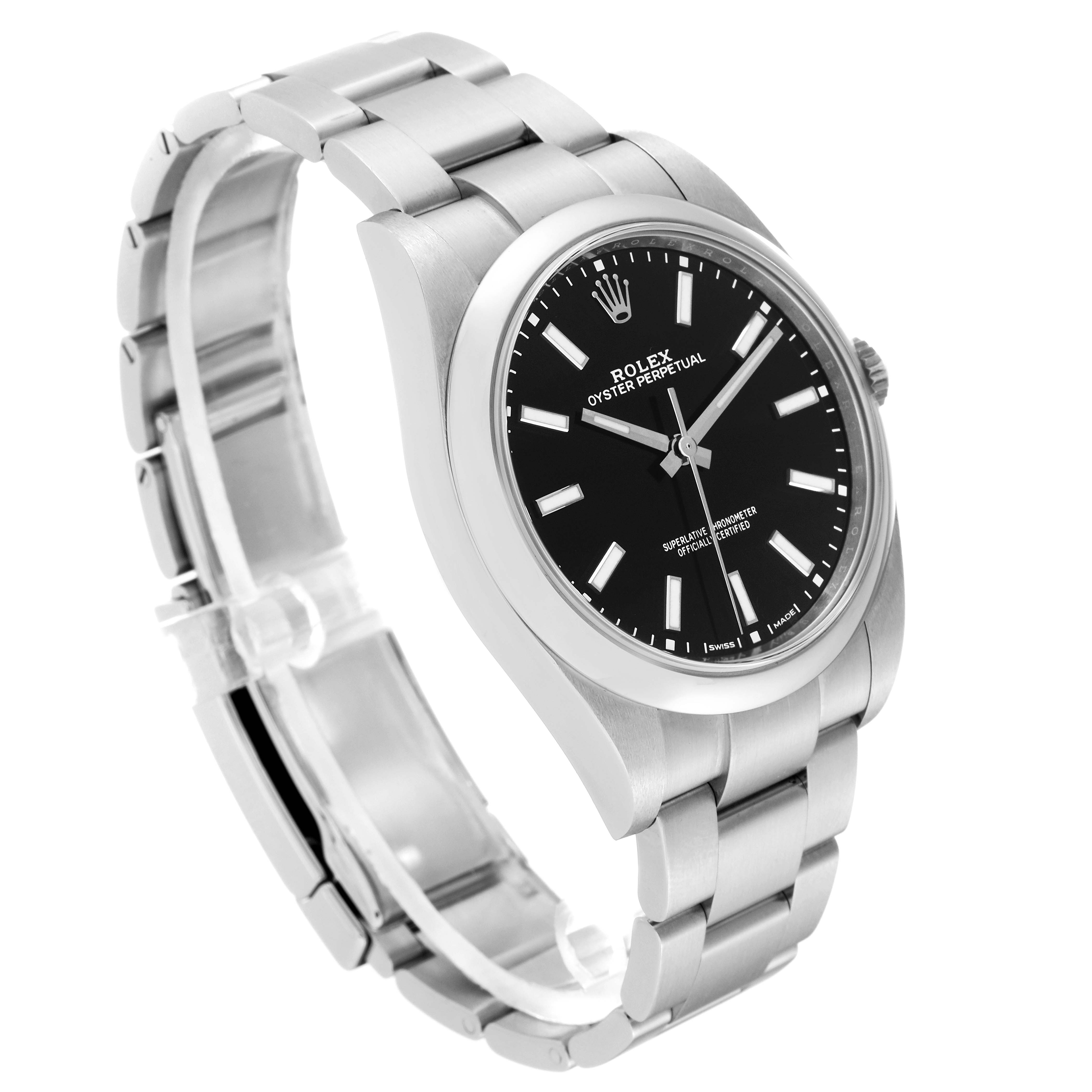 The image shows a side-angle view of a Rolex Oyster Perpetual 114300 Men
s Stainless Steel Black Dial 114300 Men
s Stainless Steel Black Dial watch, highlighting its bracelet, dial, and case.