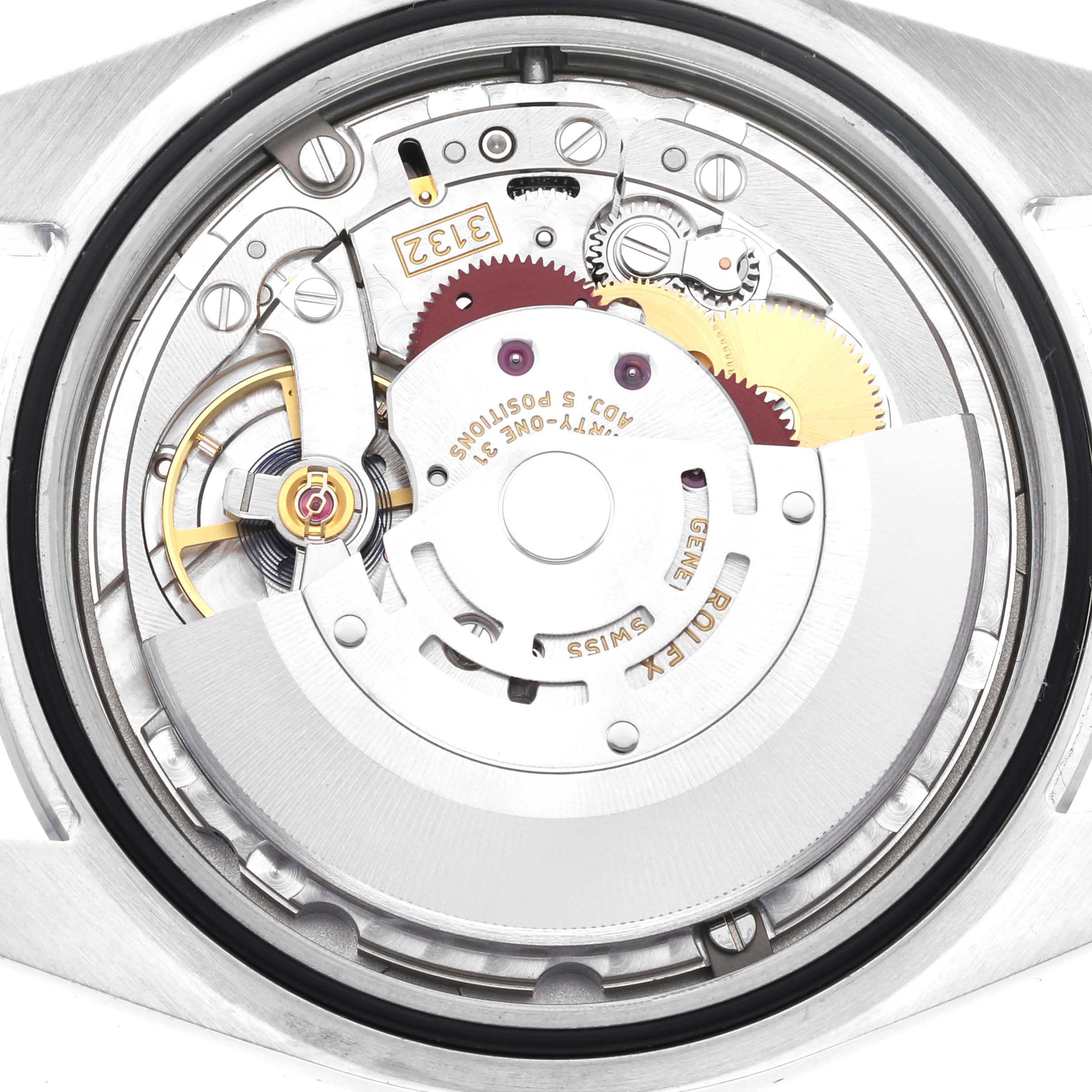 This image shows the inner mechanical movement of a Rolex Oyster Perpetual 114300 Men
s Stainless Steel Black Dial 114300 Men
s Stainless Steel Black Dial watch from a rear view, revealing gears and components.