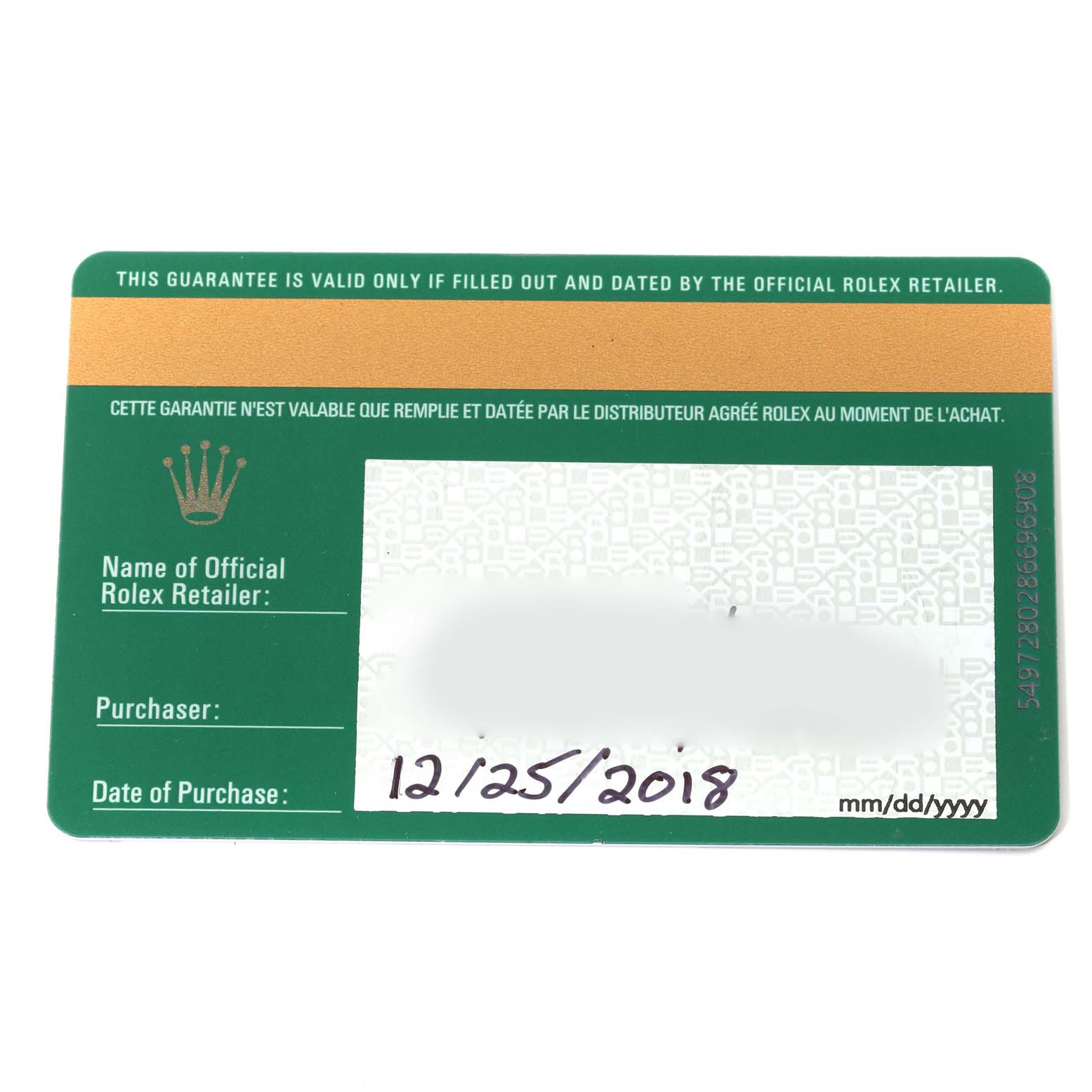 The image shows a warranty card for a Rolex Oyster Perpetual 114300 Men
s Stainless Steel Black Dial 114300 Men
s Stainless Steel Black Dial watch, including the purchase date and spaces for retailer and purchaser information.